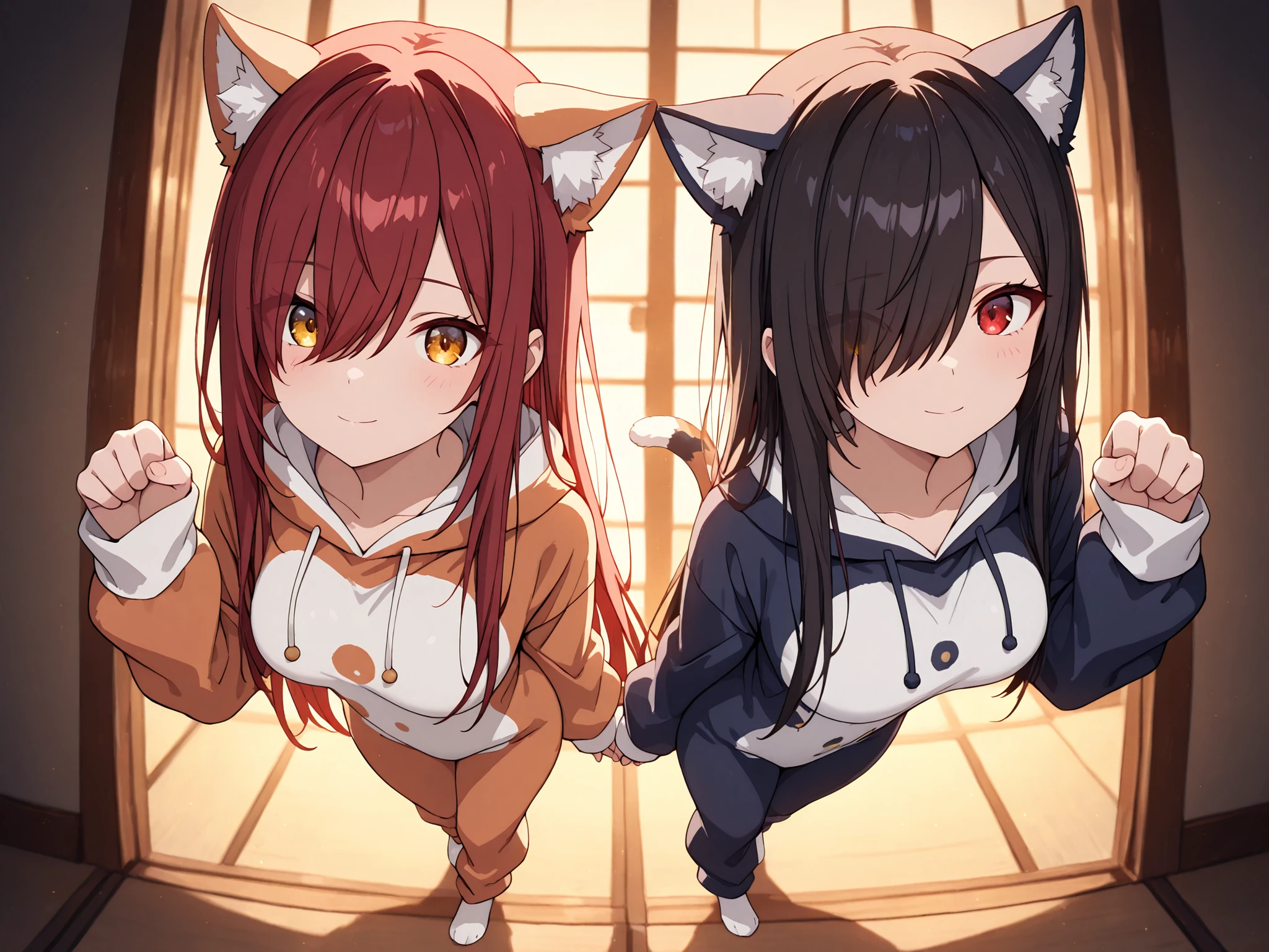 (masterpiece, best quality), amazing quality, very aesthetic, absurdres, highres, newest, HDR, 8K, cinematic, cinematic lighting, cinematic shadows, atmospheric lighting, hazy fog, light leaks, full body, dynamic angle, anime style, (anime coloring:1.5), (anime screenscap:1.2), foreshortening, round eyes, cheerful aura, full body, full smile, at home, active pose, Calico Cat Pajamas, Tri-color cat onesie with soft fur patterns, duo focus, (2girls, only two girls) BREAK 1 girl , golden eyes , very long hair , long sidelocks, red hair , petite , very cute , beautiful ,Straight hair, cool, handsome, hair between eyes, medium breasts BREAK 1girl, red eyes, gradient hair, black hair, long hair, asymmetrical hairline, hair over right eye, large breasts, (petite but curvy)