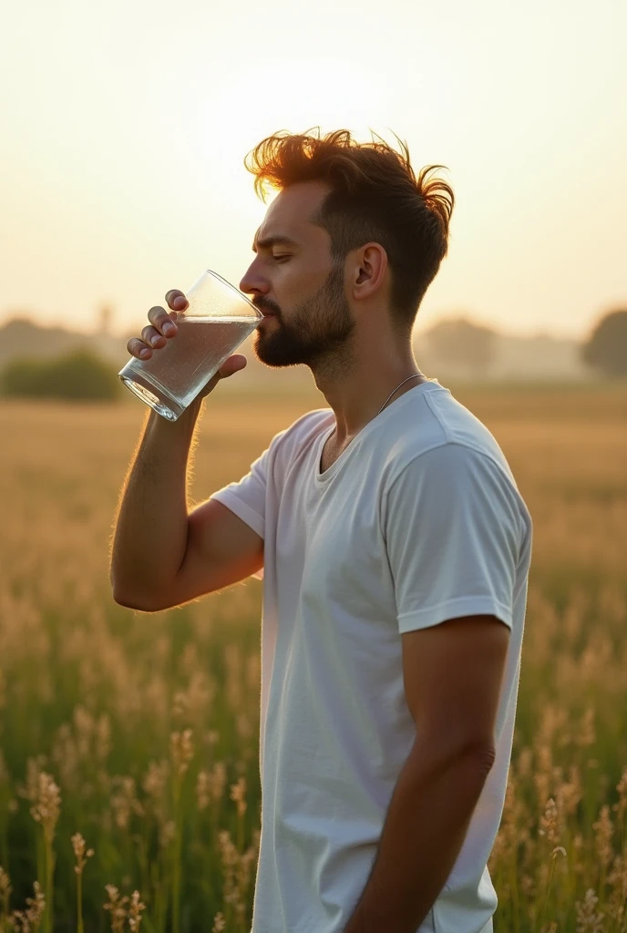 A handsome young man, with a beautiful face, fair skin, soft skin, and a slender build, has short black hair. He's shirtless and carrying a can of milk in a milk jug on his shoulder.