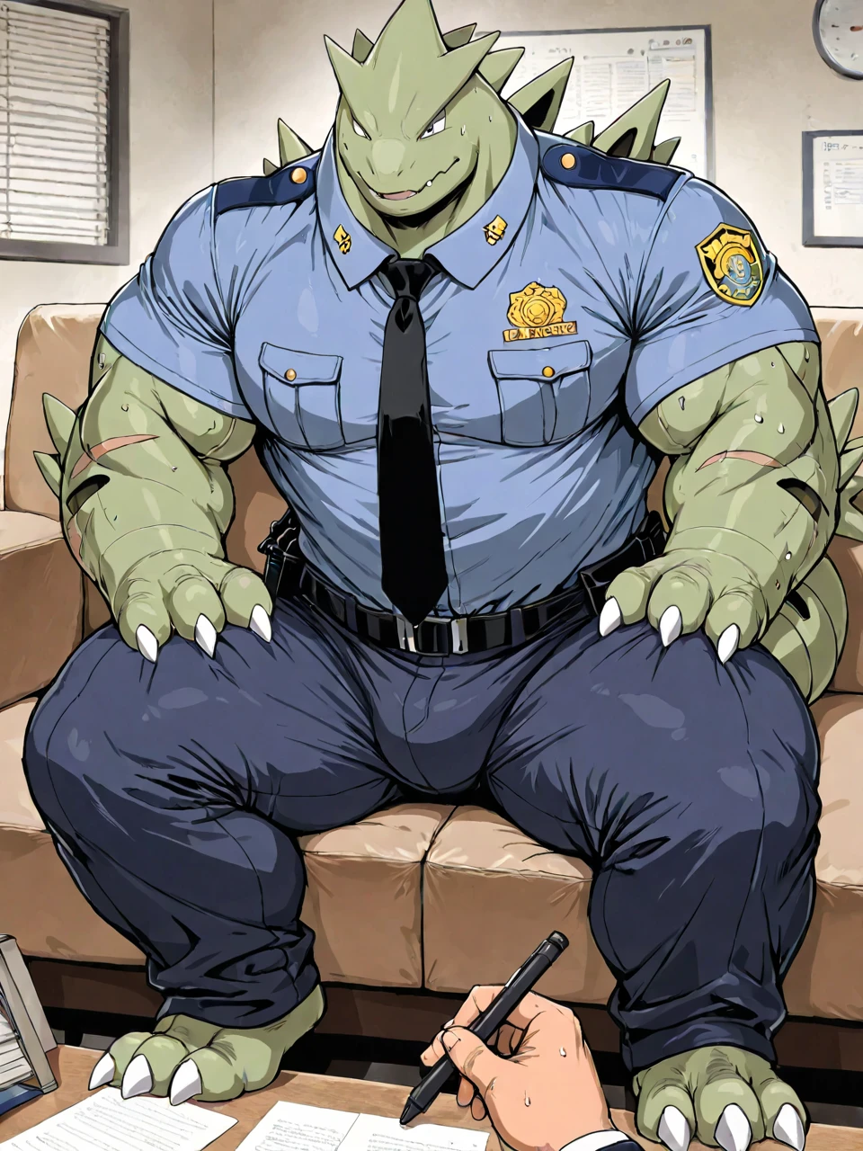 A male, fat, large, naked, extremely obese, doctor Crocodile, with a giant hyper penis and nipples, large testicles, Large Crocodile is ejaculating an extreme amount of sperm from the penis with immense pleasure, Large Crocodile is wearing glossy light-blue rubber gloves on the hands around the wrists, wearing glossy light-blue rubber gloves on the feet around the ankles, Large Crocodile is wearing a thick glossy black leather dog collar around the neck, Large Crocodile is wearing a glossy white lab coat, Large Crocodile is wearing a lab coat and black leather dog collar at the same time, thick black dog collar is rubber in texture, light-blue gloves are rubber in texture, sperm is sticky in texture, Large Crocodile is clutching penis with hand, rubbing penis with hand, clenching teeth, orgasm face, evil grin, rubber gloves go up to the wrists, rubber gloves go up to the ankles, lab coat is rubber in texture, lab coat and dog collar are worn at the same time. A second male doctor Crocodile with a penis and biceps wearing light-blue rubber gloves and a thick leather dog collar around the neck helping the larger doctor Crocodile ejaculate extreme amounts of sperm from the penis, second doctor Crocodile is wearing a glossy white lab coat and leather dog collar at the same time, second doctor Crocodile is rubbing the larger doctor Crocodile's penis, second doctor Crocodile is shoving his penis inside the larger doctor Crocodile's penis, second doctor Crocodile is examining the larger doctor Crocodile's penis, second doctor Crocodile is shoving his penis into the opening of the larger doctor Crocodile's penis, second doctor Crocodile stroking the larger doctor Crocodile's penis, leather collar is shiny and extremely detailed, gloves are rubber in texture and extremely detailed, penis has a large vein, larger doctor Crocodile is having his penis pampered by the second doctor Crocodile, second doctor Crocodile is examining the larger doctor Crocodile's penis by rubbing it.