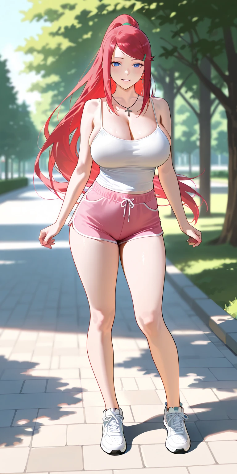 full body, full pose, 2d, ((reversed pose)) butt, firm ass, masterpiece, best quality, anime, highly detailed, cowboy shot, 1girl, solo, monika, green eyes, very long hair, ponytail, ((white sport bra), ((red sport short)), ((short black socks)), slim body, ((slim legs)), show thighs, nipples ((white ribbon)), ((running)), open mouth, park and trees background, armpits, smile, blushing, serious face, sport shoes, looking at viever. viev from up.