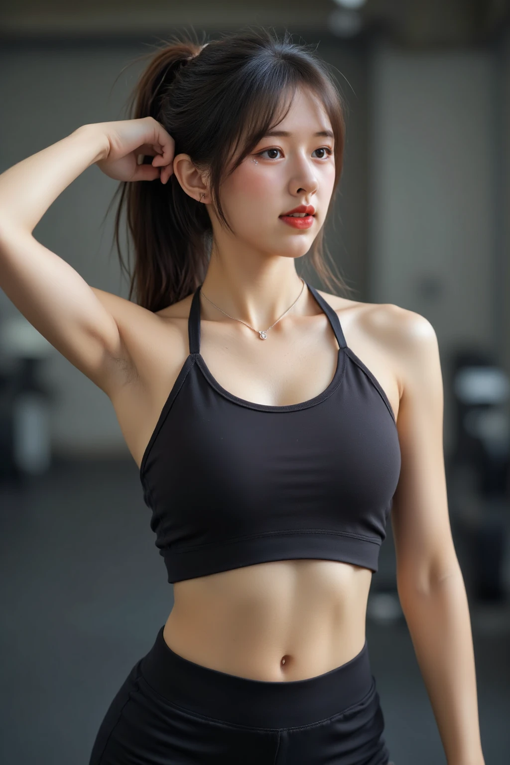 best quality, 32k, RAW photo, incredibly absurdres, extremely detailed, delicate texture, beautiful lady, amorous and lewd expression, wearing crop top, sweat pants, perfect body line, abs, glossy light brown side braided hair