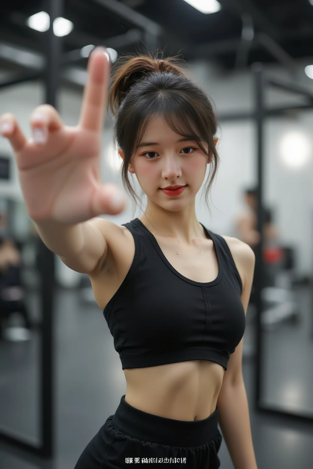 1 girl, (Face the audience:1.8),Solo, Running, Gray Track Top,plain face ,Pink shorts, pony tails, Liuhai,Bigboobs,Athletic figure,Black hair,Dynamic brushstrokes,Smooth movements,Capture the essence of her sportsmanship and energy,Light and pastel tones create a dreamy and ethereal atmosphere,Portrays the movement and elegance of running,The wind blew her ponytail and clothes,and the landscape around her。exteriors,detailed back ground,Modern metropolis,
