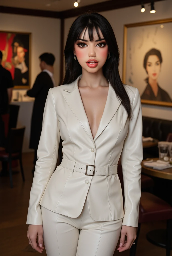work of art, highest quallity, (standing alone focus), (face perfect:1.1), (high détail:1.1), (hyper detailed eyes), dramatic, A guy with pale skin and long voluminous black hair, eye white, standing alone, long hair, Sephiroth, moonligh, natta, white luxury suit, covered navel, pouty lips, coat, arrogant expression, Jardim de pinks, detailed back ground, artwork by Artgerm, cinematic lighting, pinks, lo fashion, BalenciagaStyle