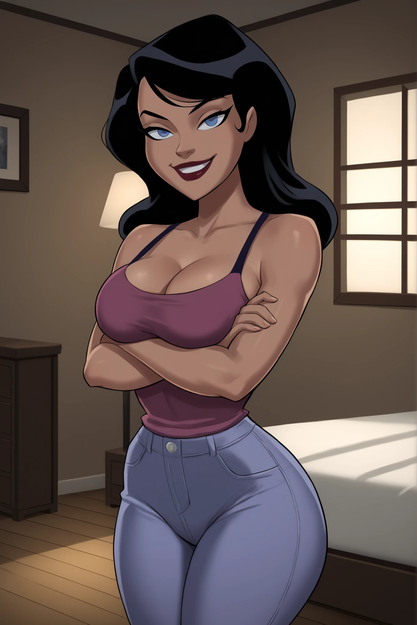 PonyXLV6_Scores BREAK ((parody) perfect anatomy, perfect eyes, cowboy shot), BREAK zatanna zatara, long hair, black hair, dark-skinned female, blue eyes, bright red lipstick, ((looking at viewer)),  magenta tank top, purple jeans, large breasts, curvy, athletic, standing, indoors, smiling, happy expression, bedroom, arms crossed, crossed arms 