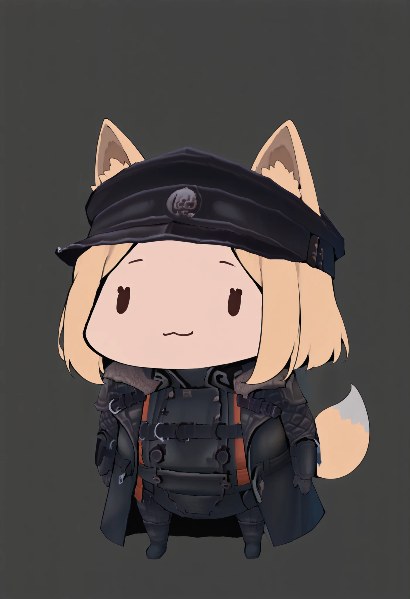 masterpiece, best quality, 1girl, solo, ((testgirl)),  animal ears, fox tail, black cap, black clothes,  blond, chibi, dot eyes, :3, smile, simple background, white background, (bare forehead), ((shaved temples:1.3))