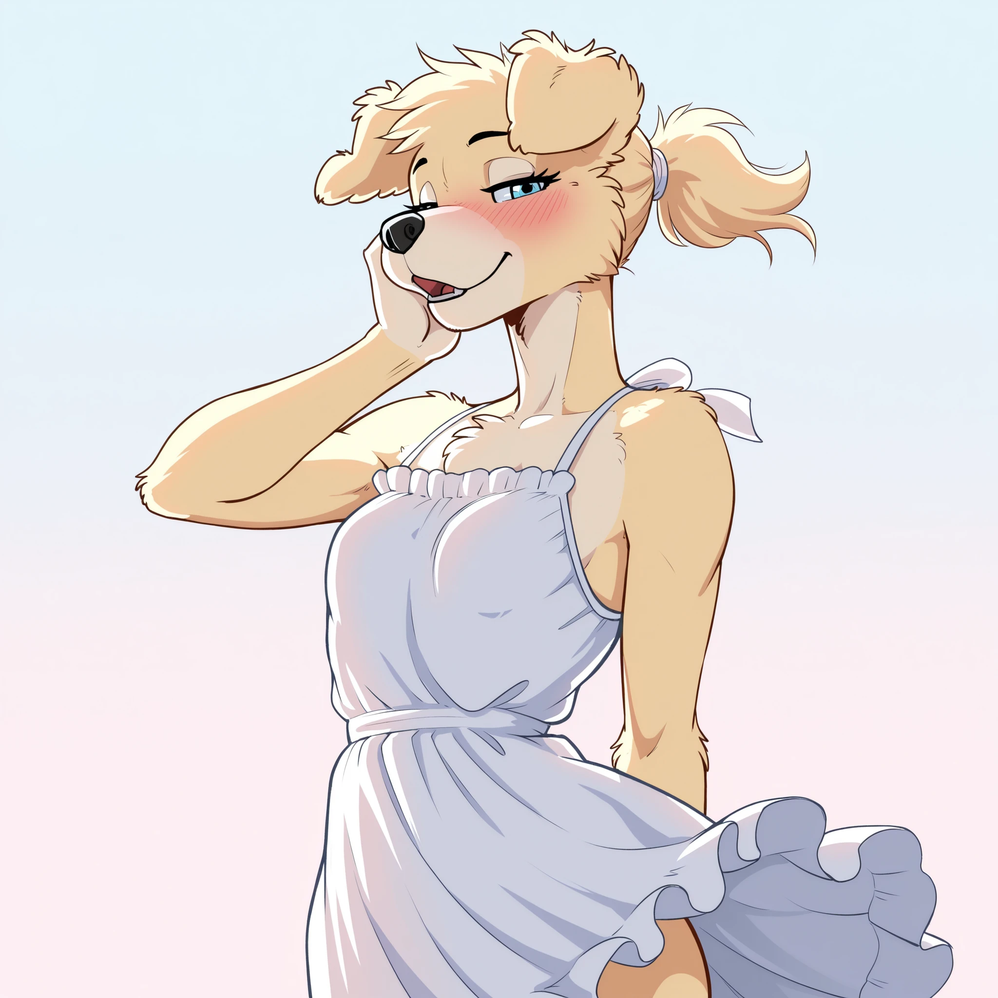 masterpiece, best quality, amazing quality, anthro golden retriever, 1girl, solo, simple background, pastel colours, wind, spring, young, eyelashes, blue eyes, fur, looking at viewer, very short hair, fluffy neck, fluffy chest, short ponytail, short girl, lean, slender body, thin body, underweight, skinny, (tomboy), boyish, (masculine), masculine body, open mouth, portrait, head focus, black eyeliner, blushing, in love, affectionate, highly detailed, white frilly summer dress, small breasts, feminine hips, hand at cheek