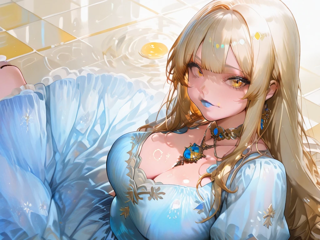 Adorned with luxurious accessories, the blonde-haired, blue-eyed elf queen captivates the viewer with her regal presence. Her gown, embroidered with gold and silver threads and intricately patterned with brightly colored threads, shimmers in the ethereal light. Ears adorned with pierced earrings sparkle, an elegant necklace adorns the slender neck, and rings and bangles adorn the fingers. giga_busty, big breasts