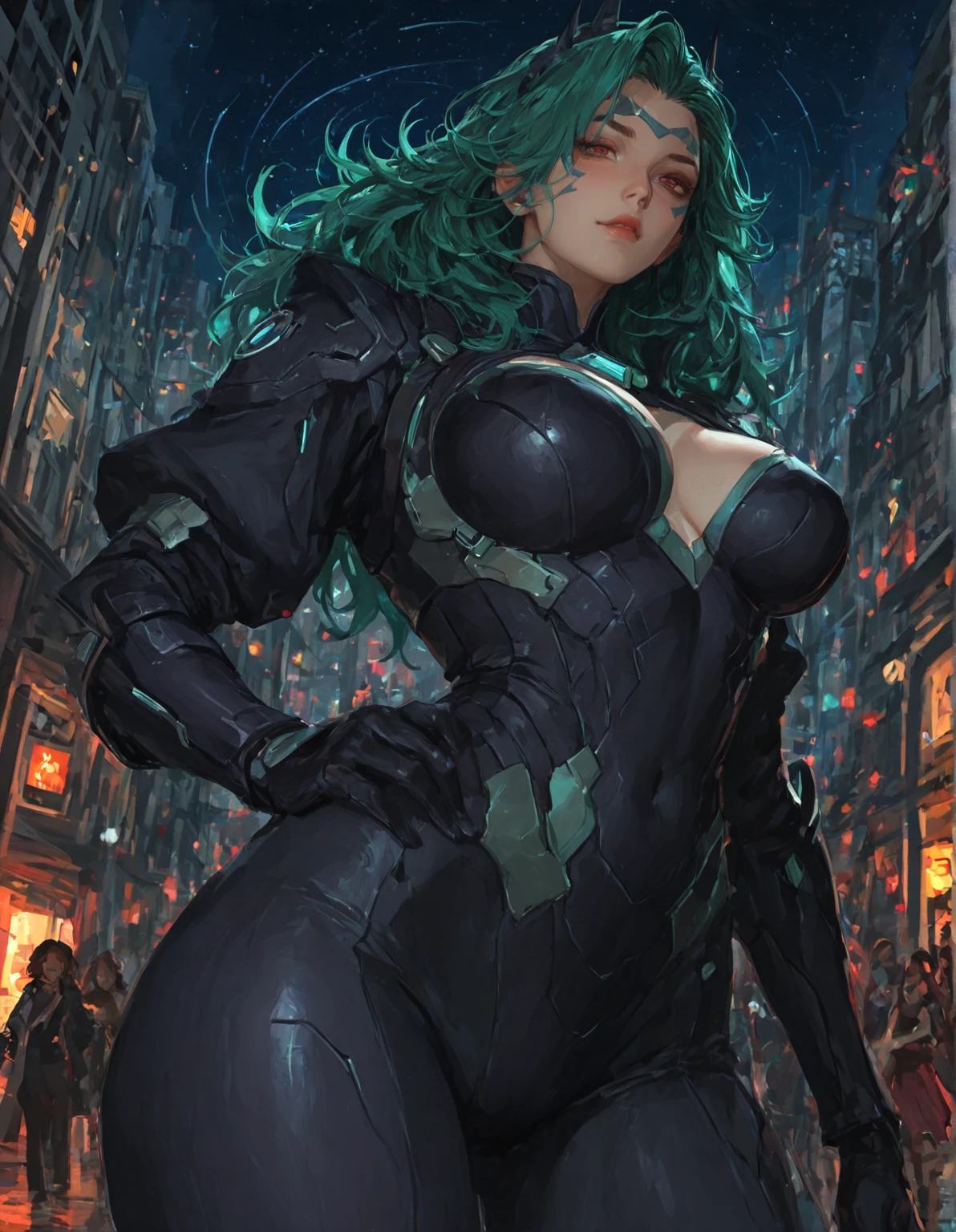 a beautiful girl with green hair, glasses, curvy body, black eyes, detailed facial features, photo realistic, digital art, hyper detailed, 8k, best quality, masterpiece, dynamic pose, dramatic lighting, cinematic atmosphere, moody colors, neon lights, high fashion, editorial style, modern world