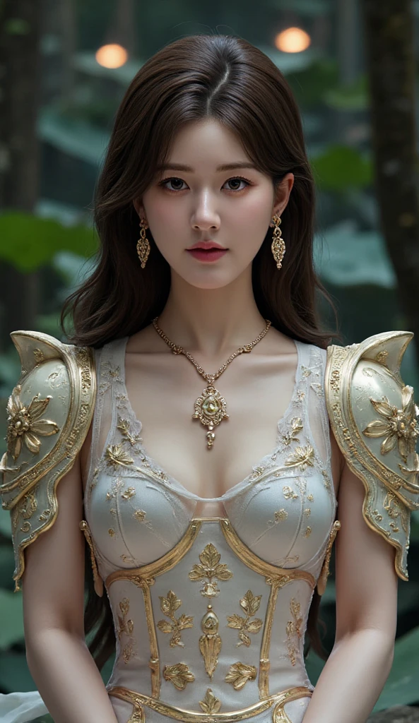 ((best quality)), ((masterpiece)), (detailed), perfect shape, beautiful mature woman in robe crop top and white dress, beautiful breasts ,middle breasts, medium long body shot with gold-black adorning, intricately sculpted, elegant pose,luxury red rosees garden background,light soft effect and dim light atmosphere.,photo realistic , cinematic light ,ultra sharp ,8K