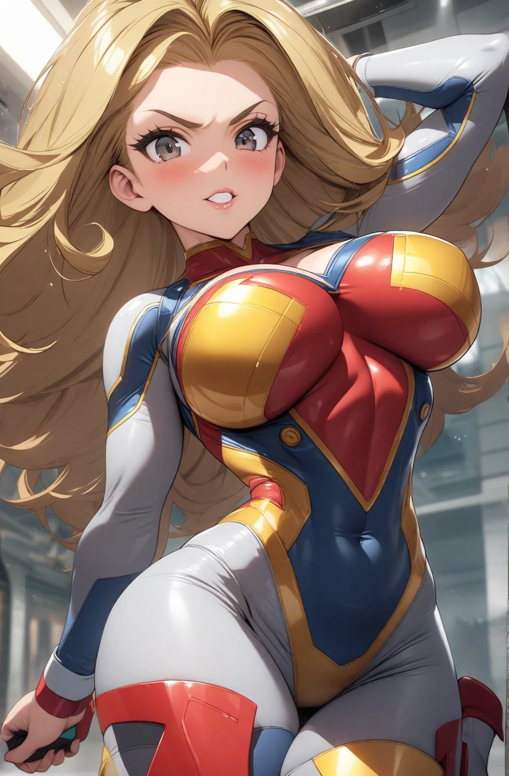 ((masterpiece)), ((Ultra quality)), ((super detailed)), ((high resolution)), ((8k)), a beautiful woman, ((She is one of the most famous actress in the world.)), unparalleled beauty, ((large breast:1.5)), ((large ass)), ((deep cleavage:1.4)), slim waist, chest out, ultra detailed face, perfect skin, (((waist length hair, ((long straight golden hair)), crossed bangs))), ((blue eyes)),  detailed eyes, whole body image, sexy, an inviting smile, sensual, (((anime))), ((glamorous)), ((sexual attraction)) ,((Age 25)), ((incredibly beautiful woman)), ((The H cup bust)), ((neat and clean.)), ((Power Ranger, commanding officer)),  (((high leg cut leotard, white line on blue colored Super power suit))),  ((beautiful breasts, beautiful legs)), 8 life size, anime:1.4, the most beautiful and strongest, ((charm)), ((British beauty)), ((((Gravure pose)))), ((City in Ruins, Immediately after the battle)), ((Femininity)),