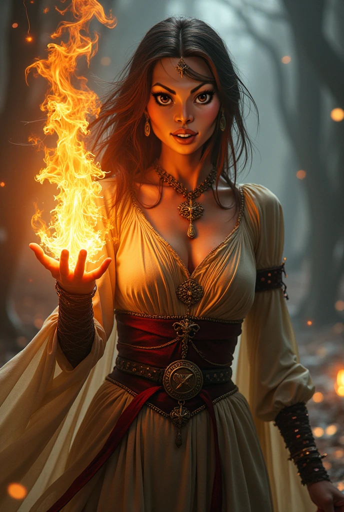 Create a semi-realistic and stylized image of a powerful and stunning witch with an intense, mocking laugh. She should appear young and beautiful, with luminous skin and long, shiny hair in a deep tone like black or red. The witch is wearing an elegant and sophisticated cloak adorned with magical details such as runes or esoteric symbols. She is casting magic, with a glowing aura and magical energy beams emanating from her hands, creating enchanting shapes around her. The background should be mystical and intriguing, with subtle magical effects, emphasizing the witch’s power and beauty while her laugh adds a touch of irony and control.
