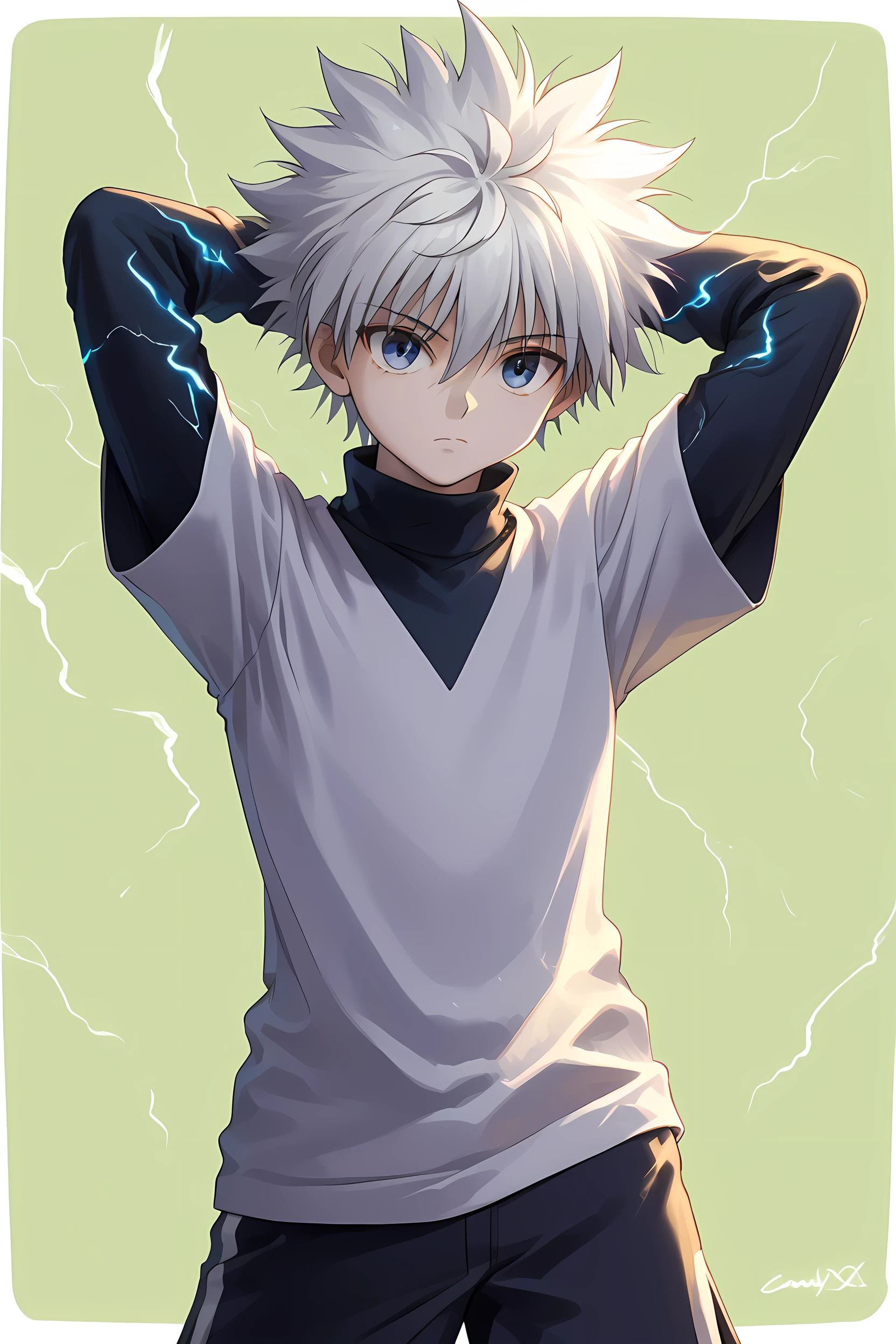 killua_zoldyck, 1boy, solo, short hair, bangs, blue eyes, simple background, shirt, long sleeves, hair between eyes, closed mouth, upper body, white hair, short sleeves, male focus, shorts, arms up, black shirt, turtleneck, border, spiked hair, arms behind head, yellow background, white border, green background, male , layered sleeves, short over long sleeves, score_9, rating_safe , Lightning effect.