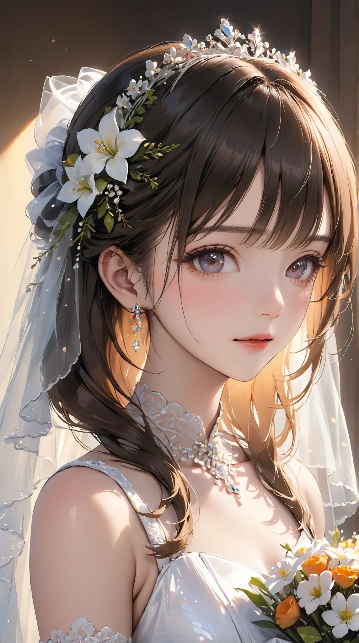 Woman with dark brown hair.Hazel eyes.She wears a wedding dress