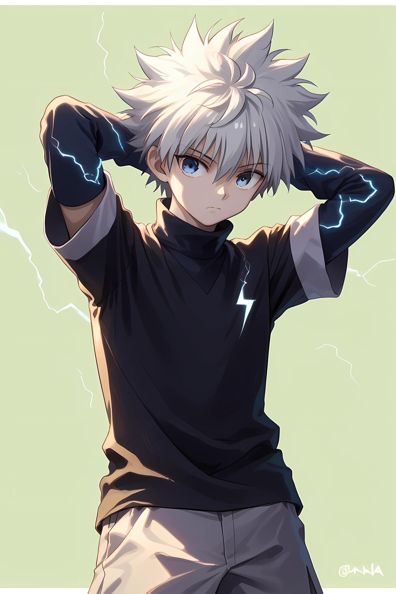 killua_zoldyck, 1boy, solo, short hair, bangs, blue eyes, simple background, shirt, long sleeves, hair between eyes, closed mouth, upper body, white hair, short sleeves, male focus, shorts, arms up, black shirt, turtleneck, border, spiked hair, arms behind head, yellow background, white border, green background, male , layered sleeves, short over long sleeves, score_9, rating_safe , Lightning effect.