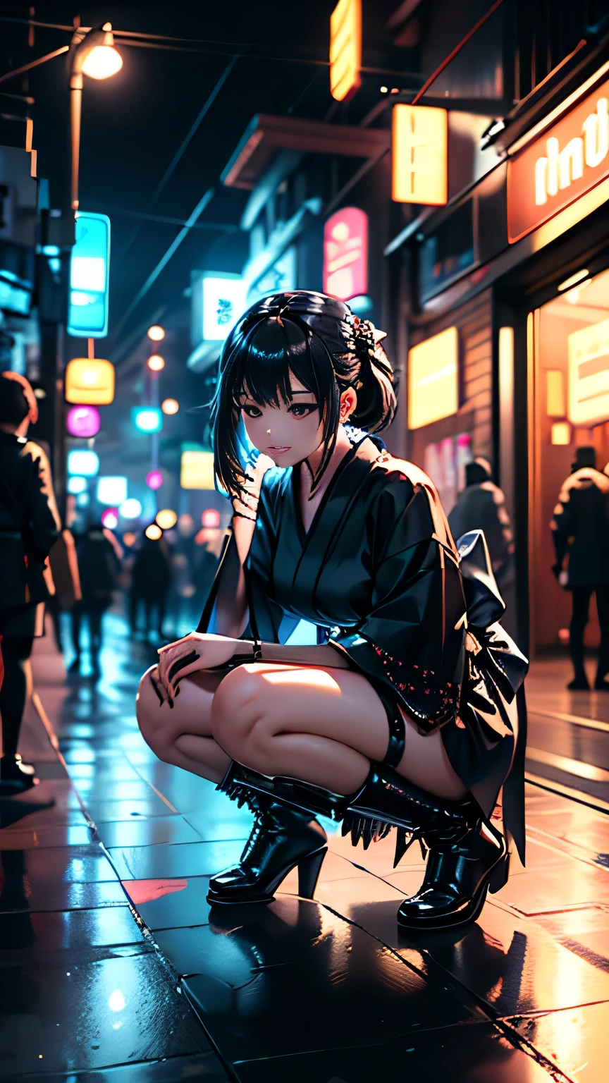 Clothes of the Future、Glowing Costumes 、cyberpunk fashion、latex black mini yukata、Short Boots、knee-high socks、absolute region with to、background: steampunk night town、squats、