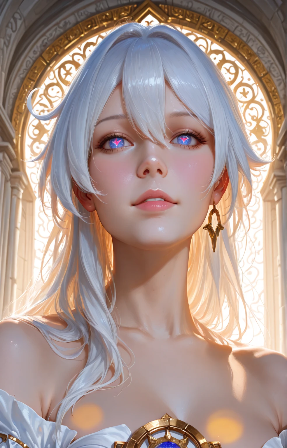 intriguing,cheerfulness,Charming,brightly,drak,Close-up of a woman with white hair,Belle peinture de personnage,Guviz-style artwork,White-haired god,Epic and beautiful character art,Stunning character art,Ray traching,NVIDIA RTX,Hyper-Resolution,Unreal 5,Subsurface scattering、post-proces、Anisotropy Filtering、depth of fields、maximum definition and sharpness、The costumes and facial expressions of the characters are very detailed,Displays a detailed description,Many-Layer Textures、Albedo e mapas Speculares、Surface coloring、Accurate simulation of light-material interactions、perfectly proportions、rendering by octane、Two-colored light、largeaperture、Low ISO、White balance、the rule of thirds、8K raw data、perspired、white skinned