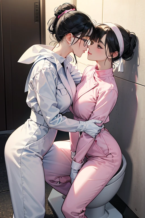 Wearing large pink rubber gloves, white rubber boots and a white cloth wrapped around her head、Two mature women with glasses and black hair tied up in blue long sleeve jumpsuits kissing in a dirty public toilet in a park
