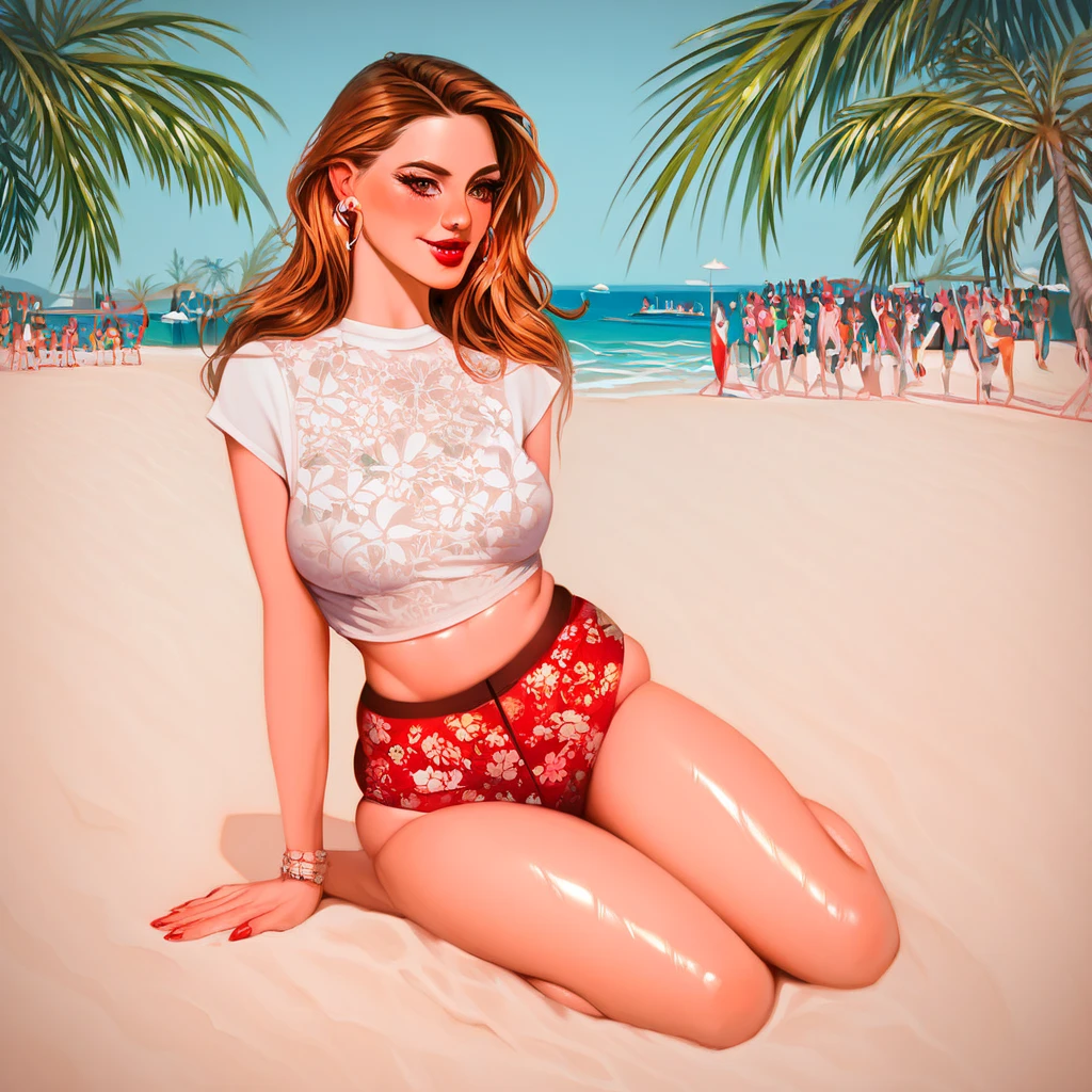 A photo taken with a HD camera of a stunning white full body girl in her 20's with ((veri long curly red hair))2 wearing ((brown eyes))2 red lips a loose, slightly transparent floral patterned pants, white lace bra, She looks effortlessly stylish and confident as she walks down the sunny beach.