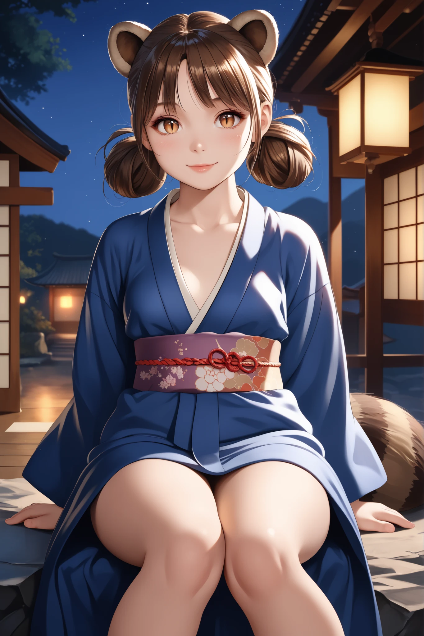 masterpiece, best quality, amazing quality, very beautiful, Absurd, latest, scenery, anatomically correct, 16k, UHD, accurate, expressive, {{1girl solo}}, illustration, masterpiece, ultra-detailed, {{detailed shading, detailed skin}}, {{realistic skin}}, BREAK, detailxl, Details, high definition, 8k, Ultra High Resolution, soft saturation, professional quality, perfect contrast, Anatomically Accurate, young girl, tanuki ears, kimono, cheeky smile, flat chest, visible thighs, japanese village during the night, night background, flowery kimono, loose kimono, loose clothes, pigtail, brown hair, slit pupils, sitting,sitting on a rock, raccoon ears, raccoon tail, chubby, one pigtail, covered chest