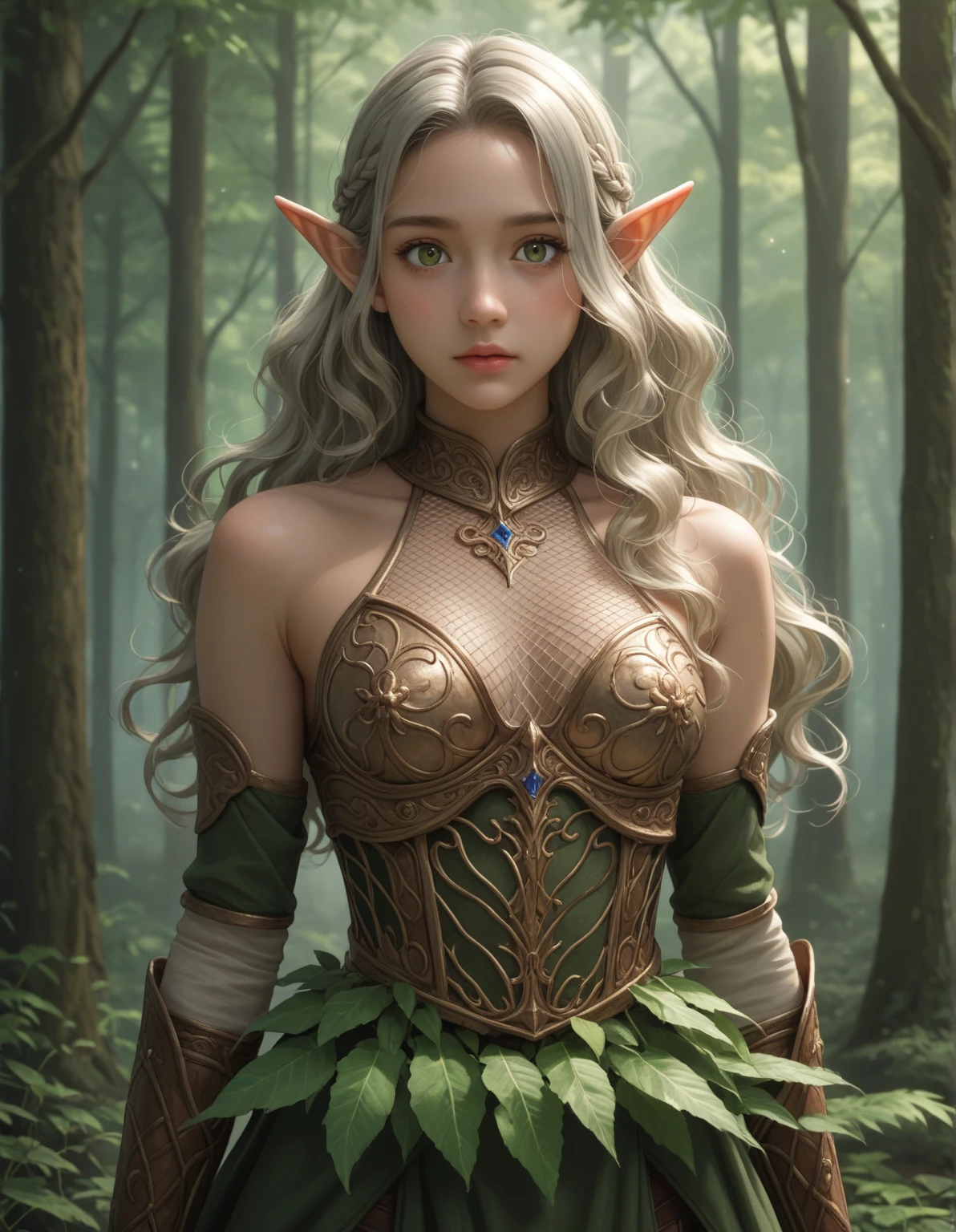 female cute elf, (anatomical biometrical hands), in a jungle, two braid hair, ((wearing cute elf dress)), cute face, full body, looking back (hyper detailed eyes, hyper detailed face), 16k, 8k, RAW photo, best quality, masterpiece, high detail RAW color photo, dramatic lighting, cinematic lighting, back light, professional lighting