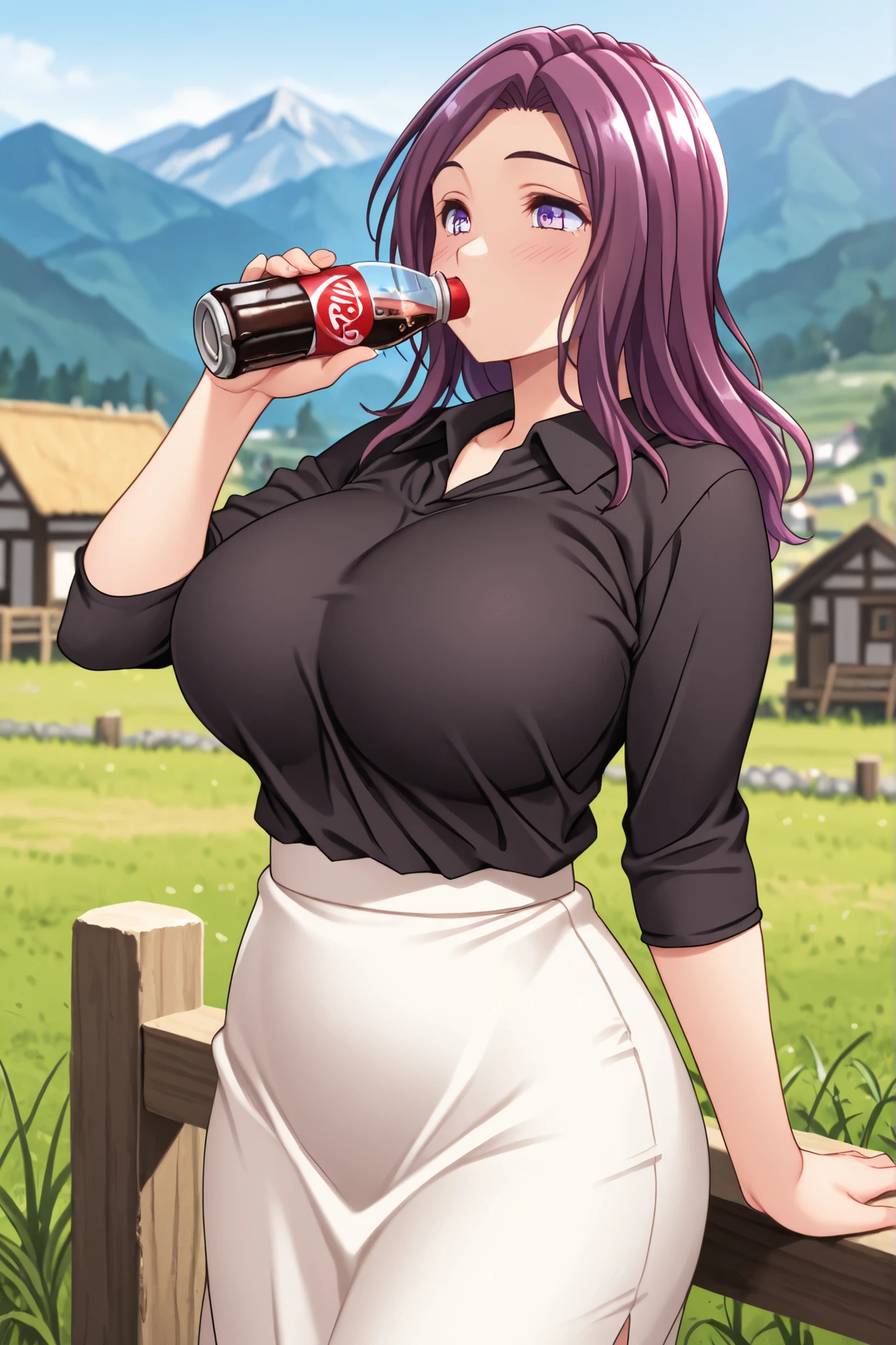 masterpiece, best quality, newest, nagorr, 1girl, purple hair, long hair, parted bangs, purple eyes, large breasts, mature female,black shirt, collared shirt, white skirt, drinking, cola, outdoors, village, mountain, green grass, blurry, depth of field, 1990 (style)