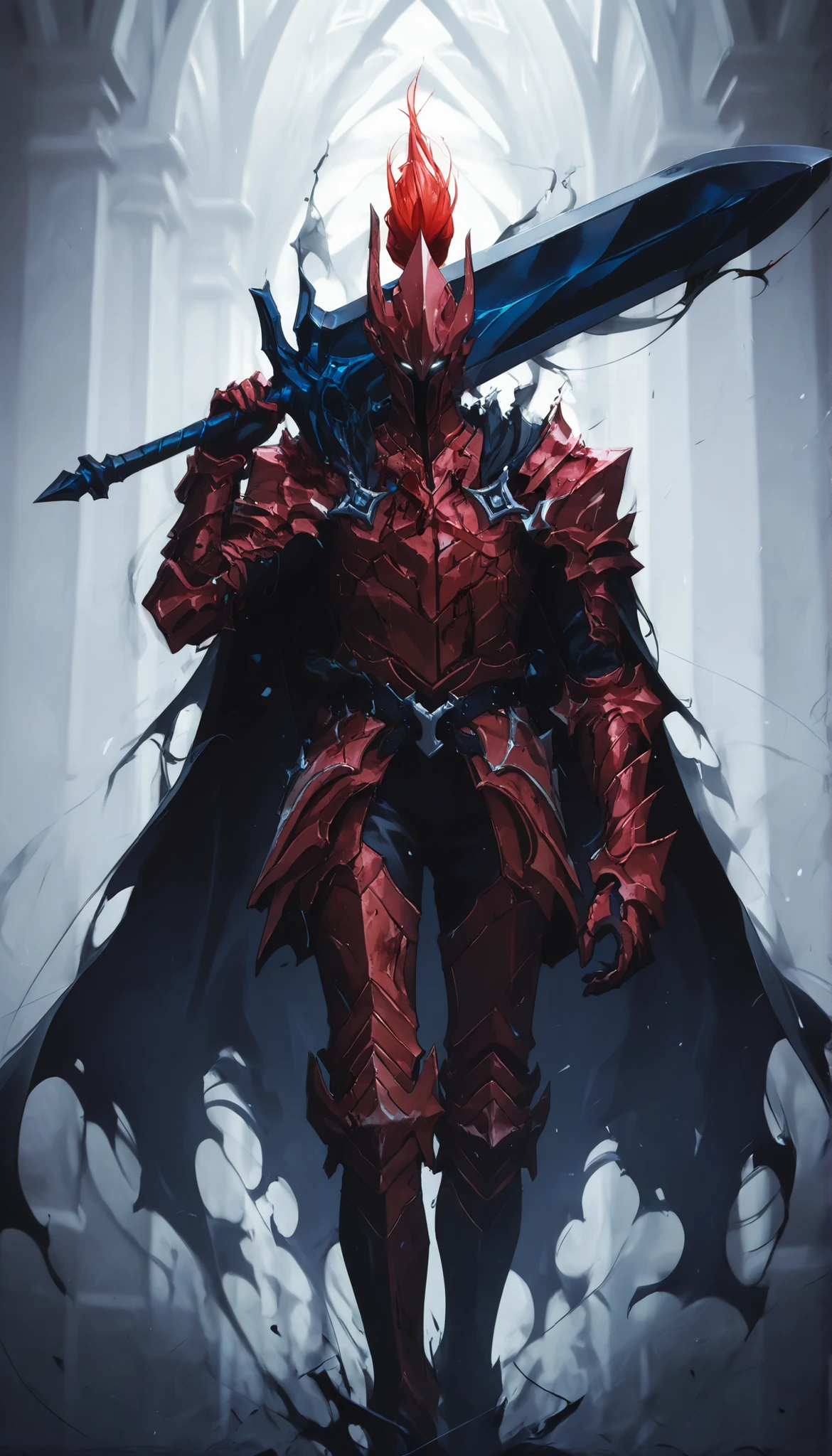 1 ,blood_IGRIS,white eyes , cicatriz facial vertical,armor ,red ponytail helmet,black cape ,walking slowly,holding a large shiny sword,black hilt and blue sword,sword over the shoulder,raised arm,Echo of Shadows