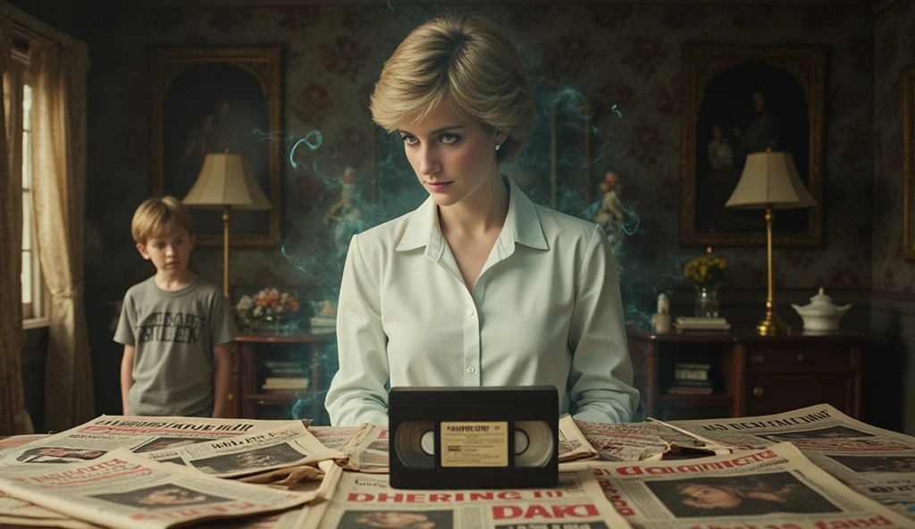 Behind him, a ghostly image of Princess Diana stands. Her form is , as though she's a haunting memory, her face partially turned away from the viewer, symbolizing the tragedy of her untold story.
In the background, a young boy is seen standing, His eyes are intense, almost eerie, suggesting a deep, unsettling knowledge of the events surrounding Diana’s death.
Scattered on a table in front of them are newspapers with bold headlines about Princess Diana’s death and the secrets surrounding it. An old VHS tape is visible, emphasizing the forgotten or hidden footage that holds the answers to the mystery.