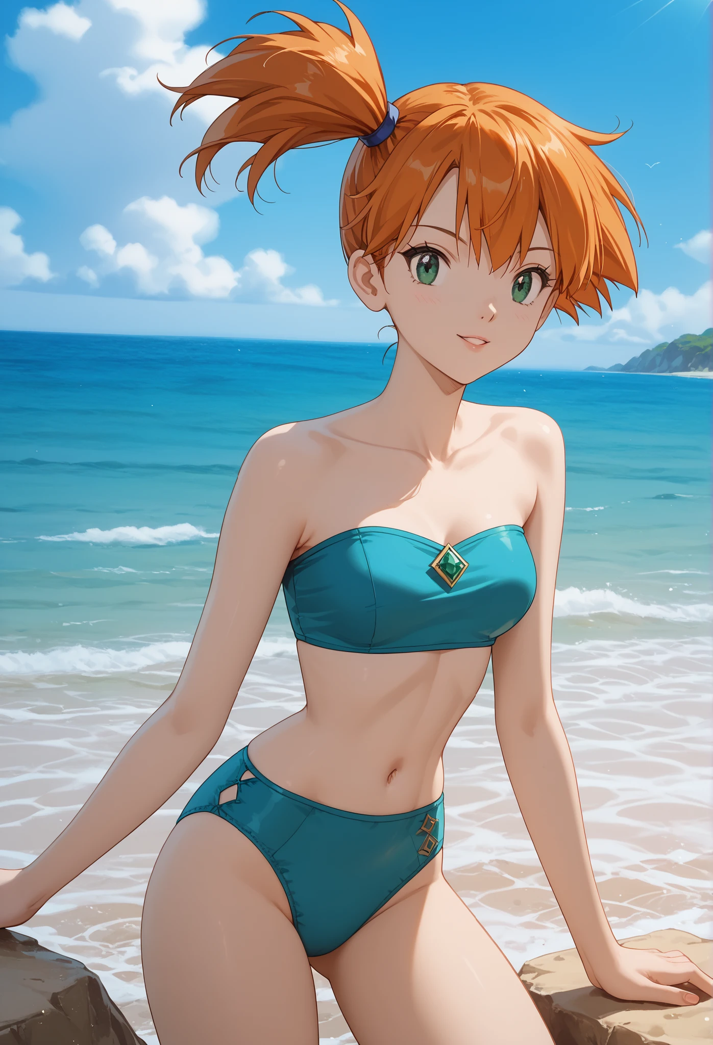 perfect CG Unity 8K UHD Wallpaper, perfect CG Unity 8K UHD Wallpaper, 1 Girl, alone,,Xiaoxia,Side Ponytail, orange hair, green eyes, , big , Slim waist, blue strappy bandeau and panties, seaside background ,about,