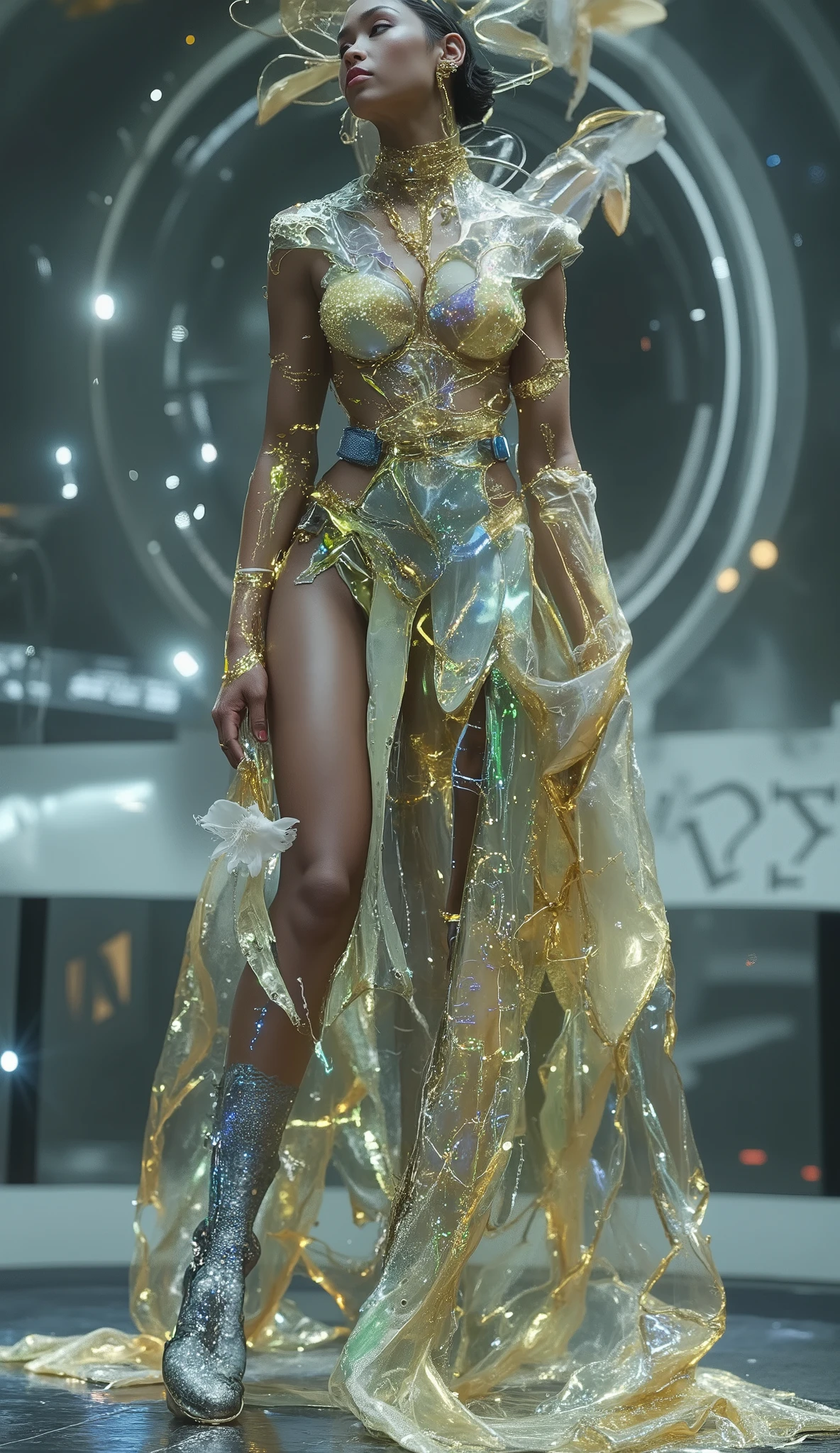 A beautiful cyborg supermodel of high stature dynamically defiles on a translucent space stylized sky-fi podium, demonstrating a futuristic high-tech concept suit of the year 3025. Behind her, huge blurred neon numbers are visible in the background: "3025". Her dark skin, shining with a soft, oily sheen in the golden light of the spotlights, successfully contrasts with the warm shades of the bio-mechanical cyber nodes of her body. Her perfect, meticulously thought-out body is wrapped from head to toe in a transparent, intricate golden bionic veil decorated with projections of lime-green binary code, the finest blue nano-lace and iridescent graceful patterns. She has deep and calm black eyes, delicately lined with sharp black eyeliner. Her full lips, painted in a rich red color, contrast with her radiant skin.Her jet-black hair is arranged in strands and intertwined with the finest luminous threads. Her neck and shoulders are decorated with sparkling gold cyber jewelry - layered necklaces, ornate earrings and forehead ornaments, each piece reflecting warm light. She holds a delicate white lily flower in her hand, its delicate texture contrasting with the brilliance of cosmic jewelry. This gala performance, an epic show, exudes timeless, breathtaking, majestic, fantastic beauty combining fine art and cutting-edge technology. divine rays, directional lighting. Bright accent lighting, spotlights, spectacular shadows in the details of clothing. It creates the feeling of a theatrical performance. Taken from the floor level.The Dutch corner. Dynamics, movement, Flying clothes. Photography, fashion.A mix of Iris van Herpen, Balenciaga and cyberpunk. Elements of neo-cyberpunk, gothic, punk and fetish are noticeable. The technical details are like NASA, but with the luxury of Maison Margiela.High resolution (8K), photorealism with CGI elements.