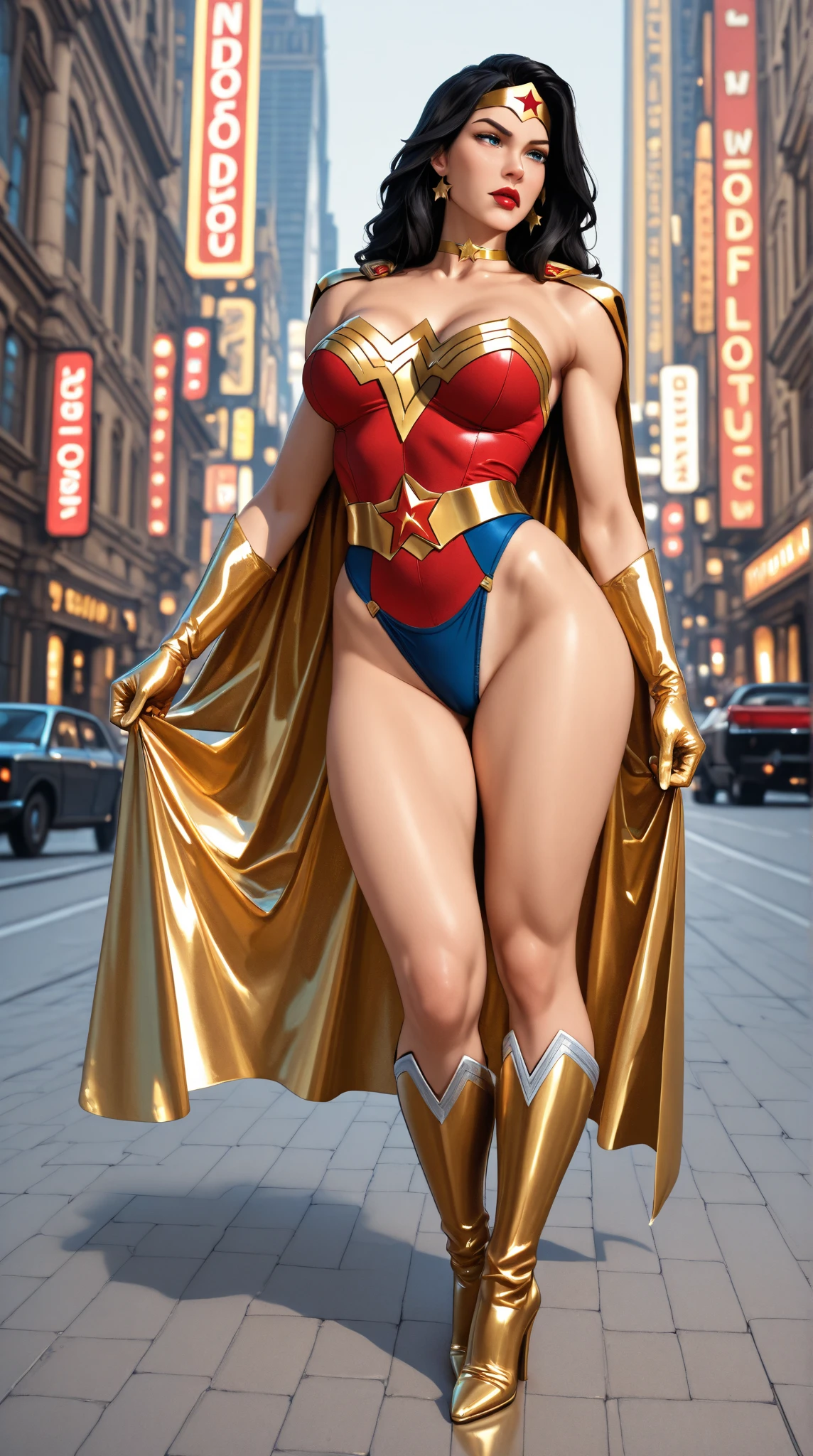 (masterpiece), (Highest quality), (High resolution), Big breasts,, ((leotard, white and red leotard, matching leotard, No sleeve, barefoot)), ((Tight belt, Gold Belt)), ((boots, matching boots, ankle-high boots, white boots)), ((gloves, white gloves)), Urban Background, tokyo Urban Background, alone, alone focus, dynamicなファイティングポーズ, (whole body), Cowboy Shot, Superhero, ((Beautiful attention to detail)), ((Gold star symbol on chest)), (Brown Hair, Long Hair,Green Eyes),(Perfect hands, Perfect Anatomy), Superhero, ((Beautiful attention to detail)), whole body costume design.Sweat,dynamic,dynamic,big breast,very big breast,During the game,Battle Scenes,Dark atmosphere,scar,Unreal Engine 5 Photorealistic Rendering, Game Characters, Role Player,Pretty face,Body Hyper Reality, Thick muscles, Moisturized and radiant body,hell,Combat pose