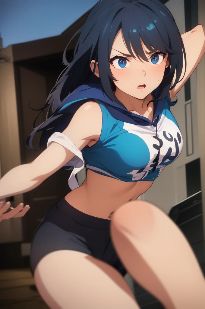 ponytail,Black Hair,Cat ear,Cyan eyes,Cat Tail,woman,slender,small breasts,gray sports bra,yoga pants,sneakers,sweat,steam