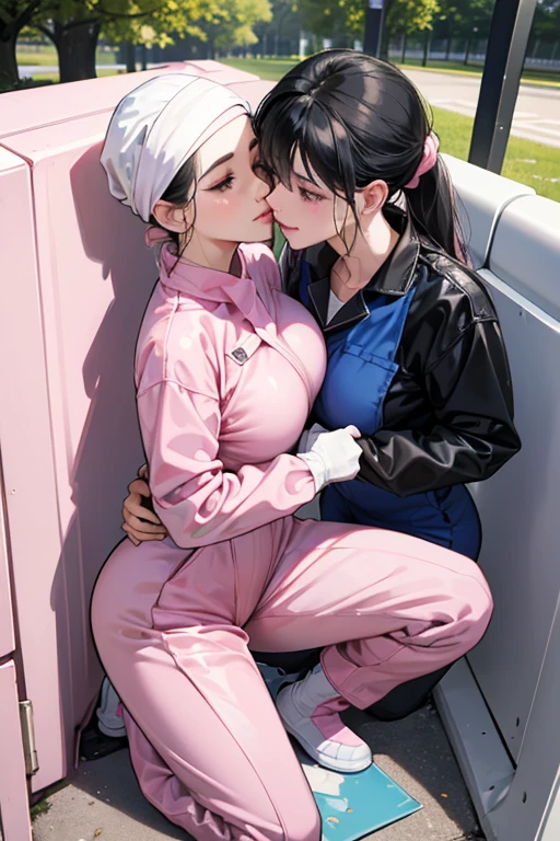 Wearing large pink rubber gloves, white rubber boots and a white cloth wrapped around her head、Two mature women with glasses and black hair tied up in blue long sleeve jumpsuits making love in a dirty public toilet in a park
