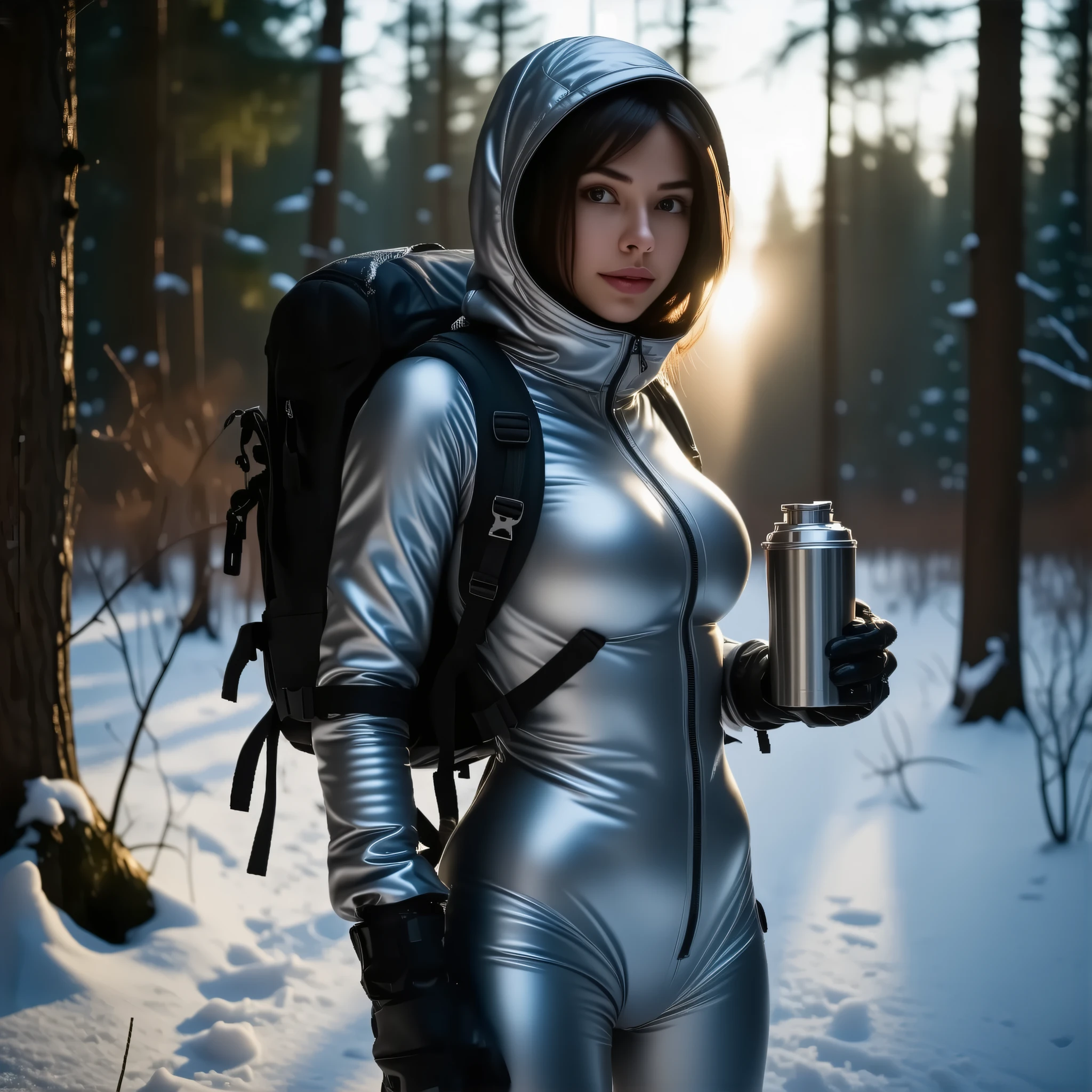 highquality electrobdsm photo, photorealistic fullbody view of young (((fullbreasted))) blackhaired (Isabella Rodriguez), natural unmade face, colourless lips, looking into camera, looking wanton, loving, tight waist, (((((enormous huge inflated round breasts))))), wearing grey woolen cap, sfw, fully clothed in closed tight silver latex spacesuit under closed shiny silver winterjacket, small black technical backpack on back, standing in dark snowy winter forest dusk, holding open steaming thermos flask and silver cup in hands, sun glare from behind, watching sinking sun, (hyper detailed), ultra sharp focus, 8k, uhd, realistic, low saturation, low contrast, ultra realistic colours, ultra realistic skincolour, only uncoloured light