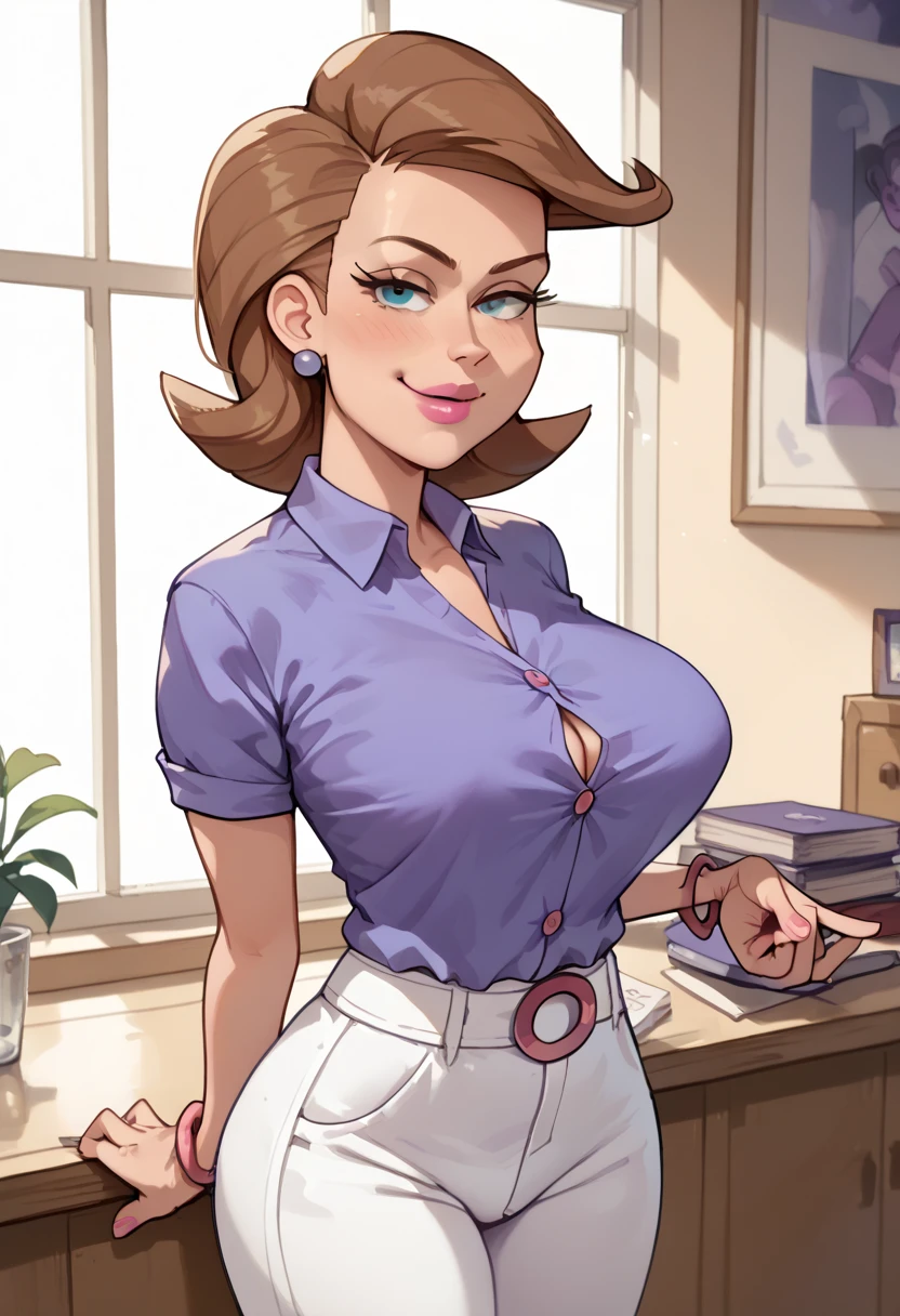 score_9, score_7_up, 1girl, solo, helen parr, elastigirl, best quality, portrait, pastel background, blurry background, large breasts, cleavage, photoshoot, highres, bashful, pin up pose, makeup, attractive look