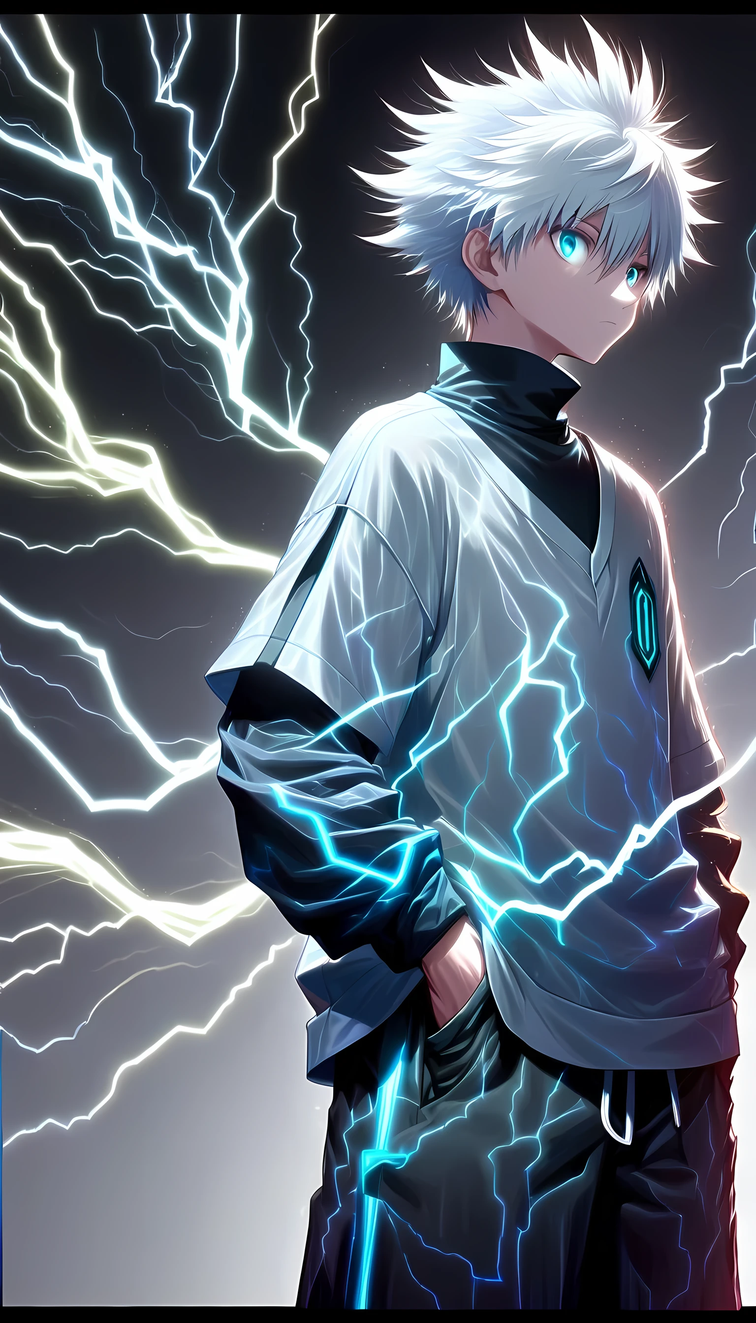 killua_zoldyck, 1boy, solo, short hair, bangs, blue eyes, simple background, shirt, long sleeves, hair between eyes, closed mouth, upper body, white hair, short sleeves, male focus, shorts, black shirt, turtleneck, border, spiked hair, Hands in pockets, white border, male , layered sleeves, short over long sleeves, score_9, rating_safe , blue lightning effect. Details tunder
