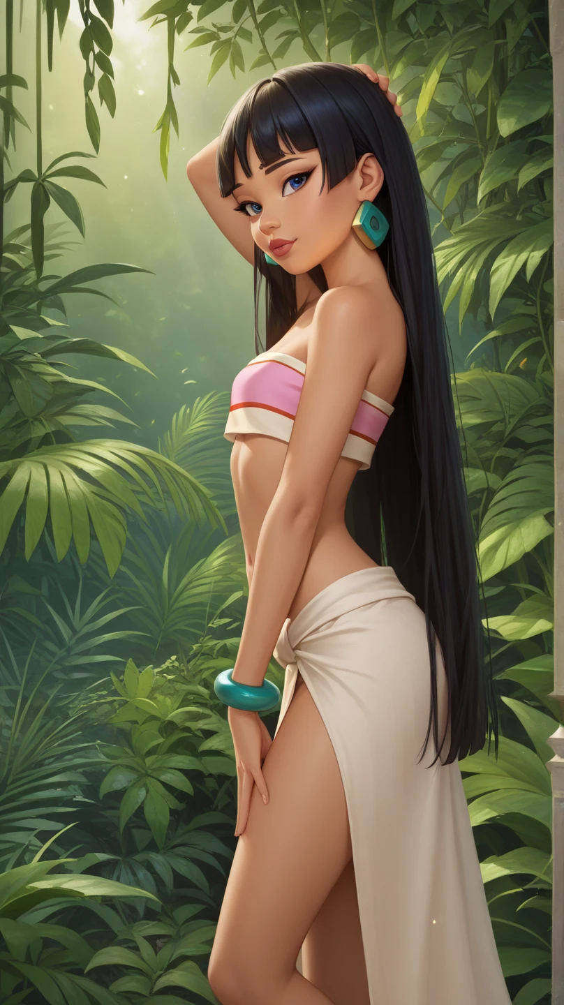 ((((masterpiece)))), high quality, very_high_resolution, large_filesize, full color, bikini, gold eyes, rainbow hair, silver bracelet, Cuban link necklace, cute, adorable, beautiful, high contrast, colorful, 5 fingers, slim body, jewelry, long hair, pony tail, hoop gold earrings, black hair, realistic