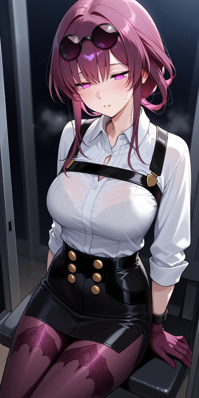 masterpiece,best quality,high resolution,8k,ultra HD,wallpaper,illustration,perfect face,cowboy shot,beautiful detailed eyes,extremely detailed face,perfect lighting,extremely detailed CG,perfect hands,perfect anatomy,perfect body,perfect hands,perfect fingers,1woman,full body,,(muscle fighter:1.1),pruple ponytail hair ,pruple eyes,large breasts,Medium ass,medium nipples,black business jaket suit inner white T-shirt,black hot pants,suit rope bondage clothed,black necktie,,,looking at viewer,(sexy look rope bondage with leak urine orgasm masterbation pose:1.3),Steam,sweat,home,(NIKKE character Dolla),