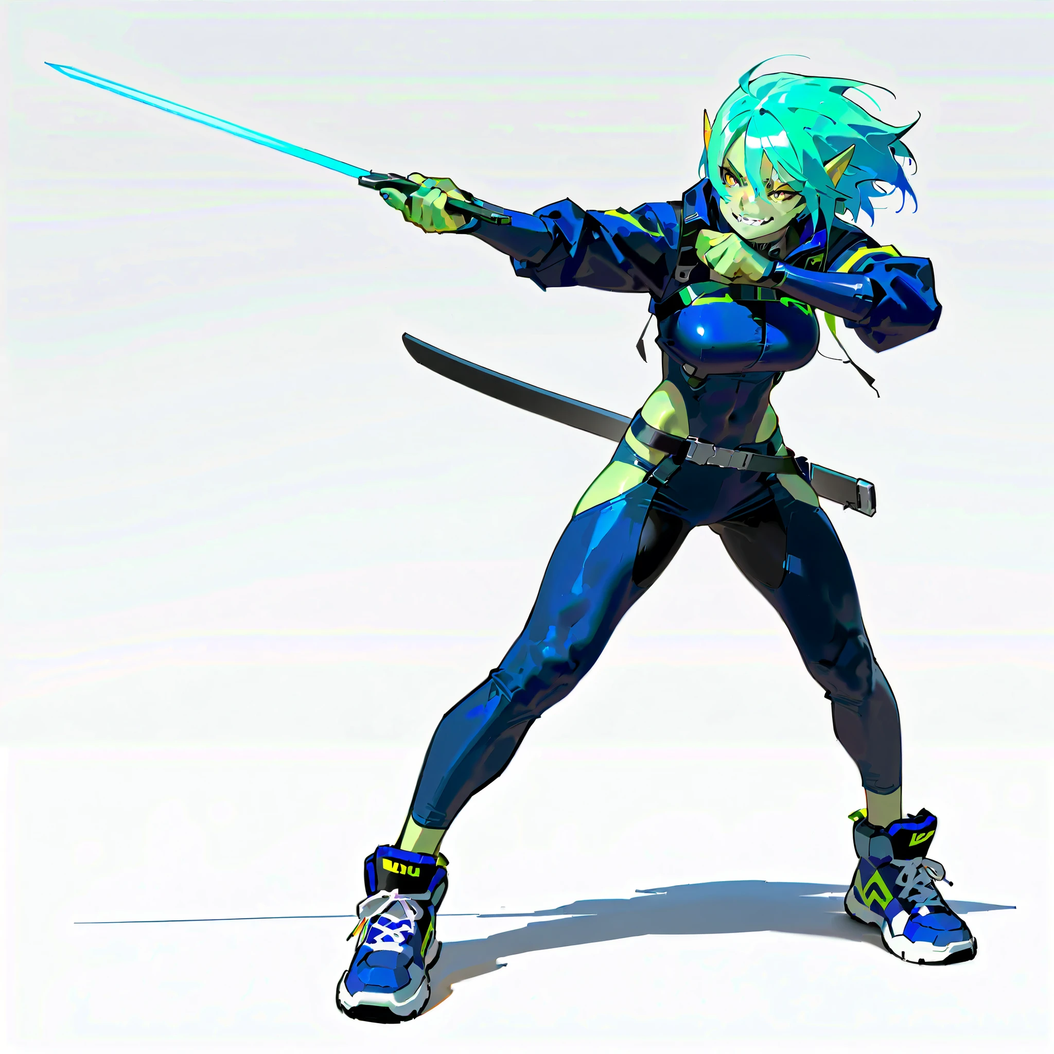 (((masterpiece))), (((Best Quality))), ((Ultra-detailed)), (High Definition anime Illustration), ((extremely delicate and beautiful)),((1 orc girl)),solo, Full body, night blue hair and yellow eyes,((Cyberpunk suit))((holds a sword in a scabbard)),(pale green skin)(pointed long ear)(smiling JAGGED-TEETH),(Muscular but feminine body shape),(wears high tech sneakers)(Character Focus),highly detailed, Colorful, highest details, Cyberpunk orc lady, Beautiful and terrifying, Digital Painting, 8K High Resolution, trend art station, Whole body, full body standing, front viewer, (((white background)))