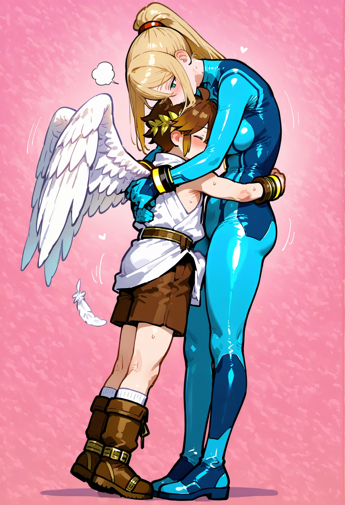 1Girl1Boy。Zero Suit Samus、woman has blond hair。Shota Pitt。Pitt has brown hair。full body。Smash Bros。Feathers for the male angel Pitt。Height Difference。Pitt's clothes。 Hug Samus from behind。Under clothes