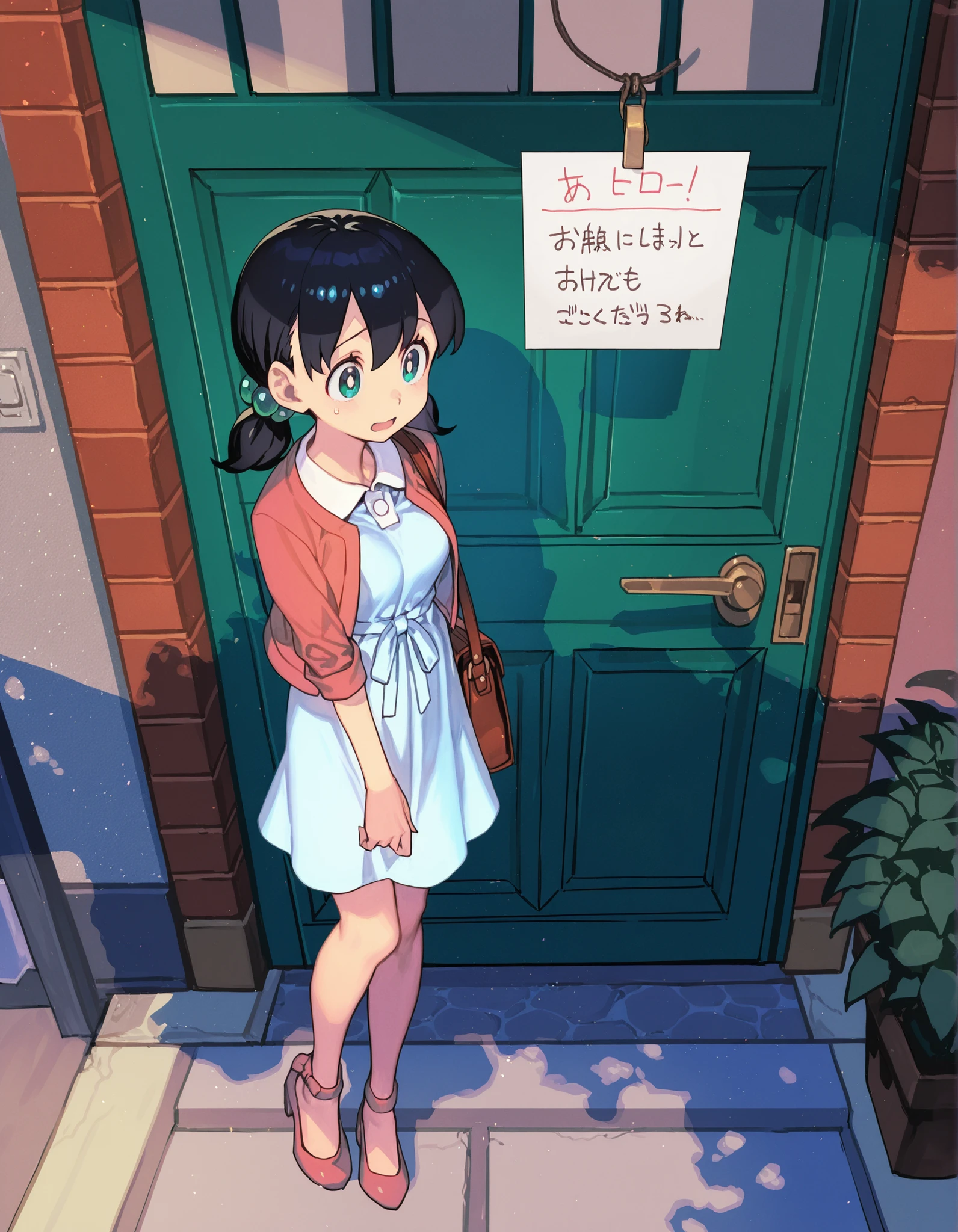 masterpiece, best quality, (hungry clicker:0.9),(enkyo yuuichirou:0.9), 1girl, , minamoto shizuka \(doraemon\), dress, full body, invitation, door