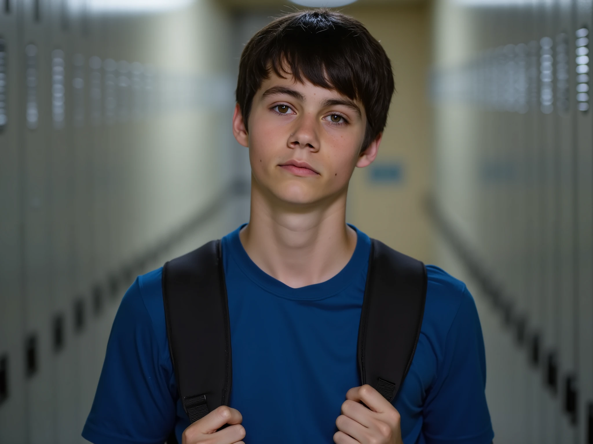 A charming and clearly of ((14 anos)), meio corpo, with dark brown hair, short and vibrant, and big perfect and shiny brown eyes. He wears an American high school uniform (( blue t-shirt)) with a backpack around his back with his hands holding the straps, with delicate features and a sad face. Ao fundo, a college corridor with closets.
