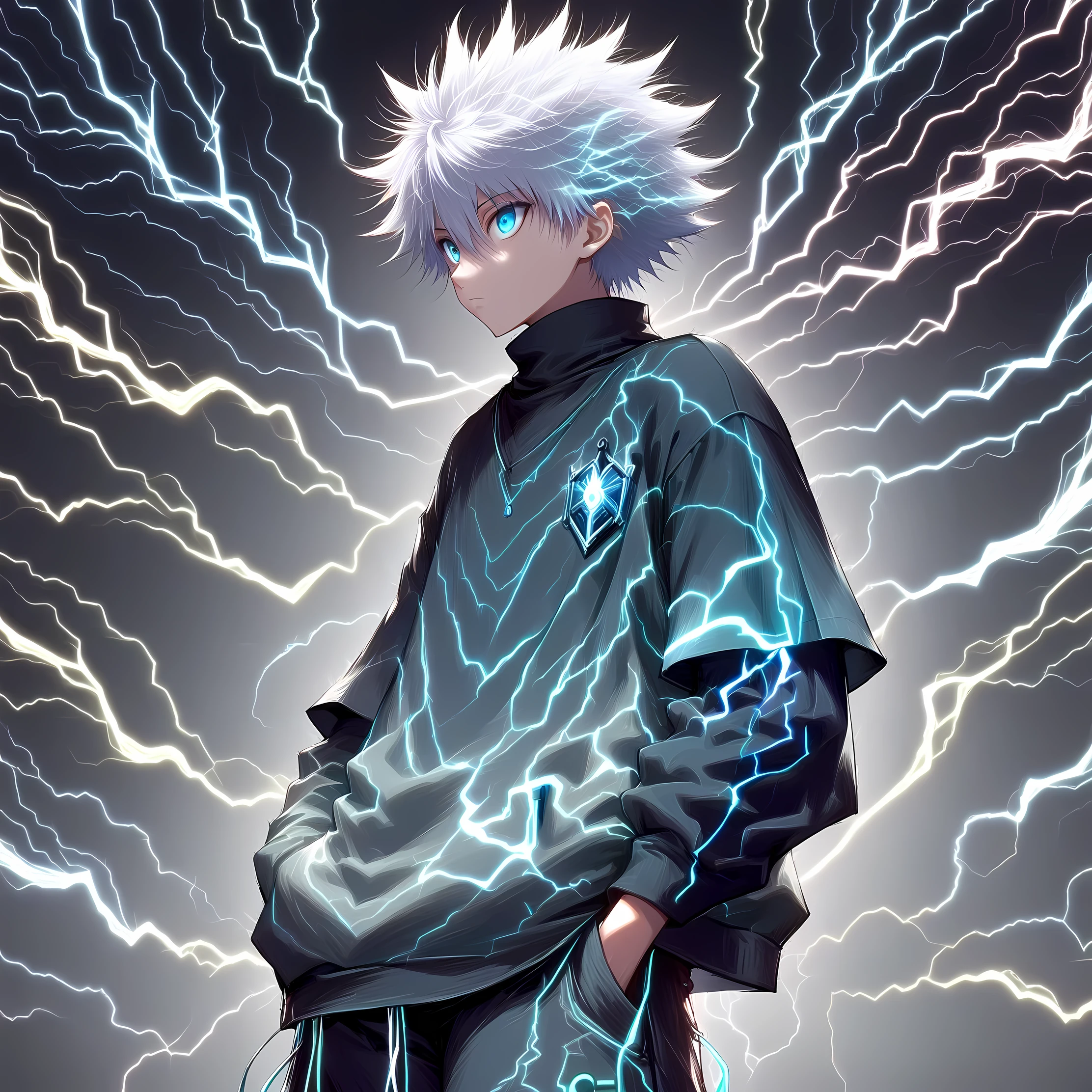 killua_zoldyck, 1boy, solo, short hair, bangs, blue eyes, simple background, shirt, long sleeves, hair between eyes, closed mouth, upper body, white hair, short sleeves, male focus, shorts, black shirt, turtleneck, border, spiked hair, Hands in pockets, white border, male , layered sleeves, short over long sleeves, score_9, rating_safe , blue lightning effect. Details tunder
