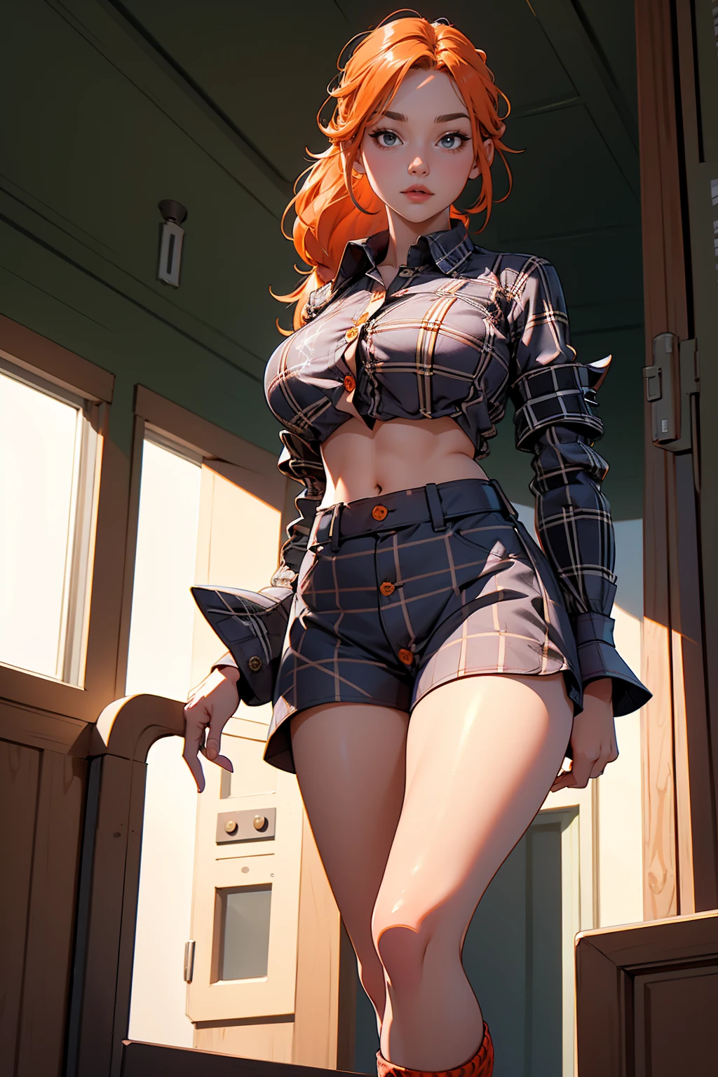 (masterpiece), (4k), )vivid colors), (evening light) 10 year old redhead girl with green eyes dressed as a sexy flat chested student