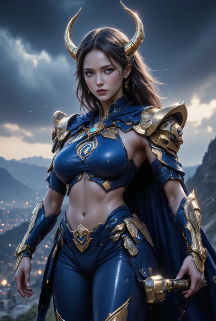 (masterpiece, best quality, extremely detailed 8k, ultra hd, ultra-detailed, highly detailed, highly realistic, photo realistic), japanese, (1girl:1.5), (1head:1.5), (beautiful realistic face, detailed realistic face), (caramel hair color, high detailed realistic hair, beautiful realistic hairstyle, long hair), (beautiful realistic eyes, high detailed realistic eyes, proportional eyes, high detailed pupils, blue eyes), (high detailed realistic natural eyebrows), looking at viewer, ((high detailed realistic lips, beautiful realistic lips, pink lipsticks)), ((exposed_nipples, exposed breasts, high proportional realistic breasts, realistic medium breasts):1.3), slender abs, highly detailed skin, full body view, full body shot, (lingerie blue armor:1.5), golden ratio, (golden ratio fingers:1.5), (illustration background, cgi, cinematic, futuristic, mountain, snow, thick thighs, gothic, gold trim, ocean cave, cthulhu, octopus, official art, cloak)