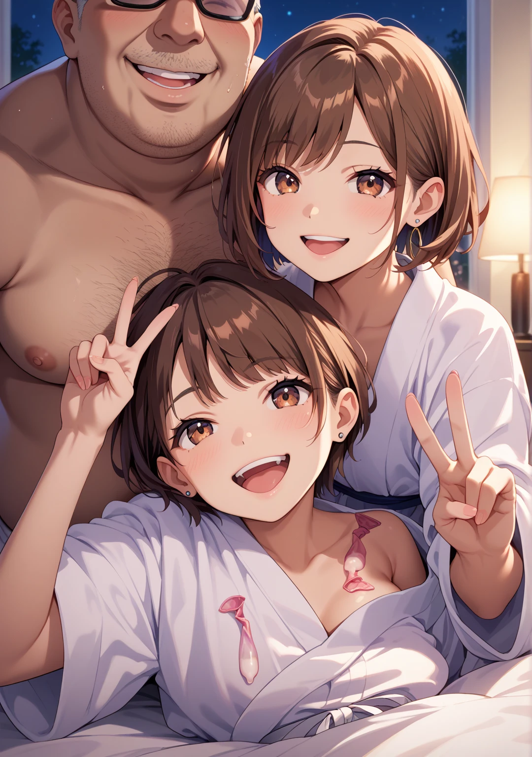 night,Outdoor,Girl,Red eyes,Long twin tails,Brown Hair,Eyebrows visible through hair,(Flat Chest),Blue yukata,Cleavage,Nipples,orgasm,in heat,upper body,intercourse with a man,boy,boy face close contact breast, {{{suck nipple, lick nipple}}}, tongue touch nipple, orgasm,