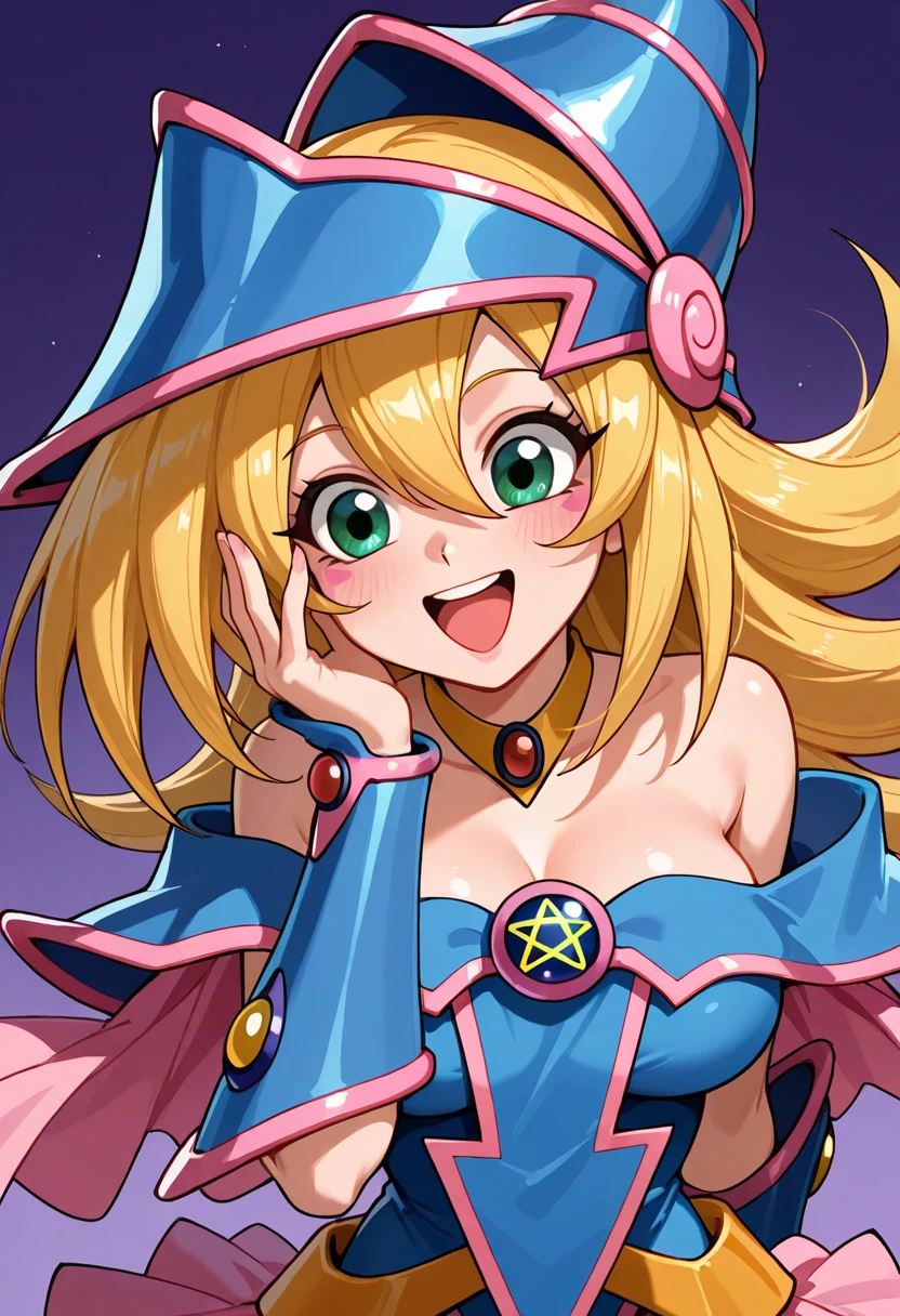 masterpiece, best quality, 1girl, solo, eyelashes, (beautiful eyes),    We4reSoB4ck, text, medium breasts, (curvy),   dark magician girl, blonde hair, choker, green eyes, long hair, blush, blush stickers,, bare shoulders, blue footwear, blush, blush stickers, cleavage, collarbone, duel monster, hat, off shoulder, pentacle, wizard hat,  dynamic pose, foreshortening,  (upper body), smile, gradient background,   ,<lora:We4reSoB4ck_IXL_v1:1.0>,