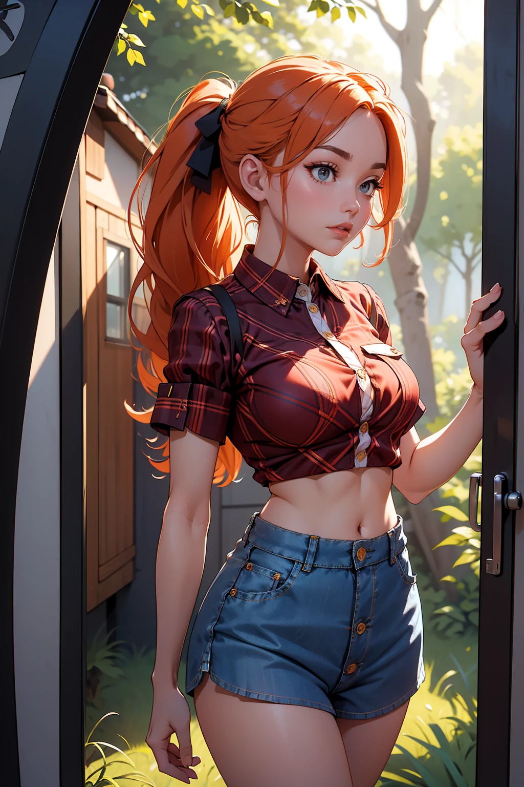 (mejor calidad,4k,8K,high resolution,obra maestra:1.2),ultra detallado,realista,Sexy high school girl with orange hair in a garden,Hermosos ojos detallados, hermosos labios detallados,ojos y rostro extremadamente detallados,long eyelashes,piel perfecta,bragas rosas asomando por debajo de la falda,precioso rosa y negro ,fitted skirt that accentuates curves,plaid pattern on the skirt,blusa blanca recortada,botones superiores desabrochados,pechos grandes y redondos,Pose segura y atractiva,Sunlight filtering through the trees.,soft and warm lighting,Fondo floral, colores vibrantes,retratos,alto contraste,color gradation with warm tones.