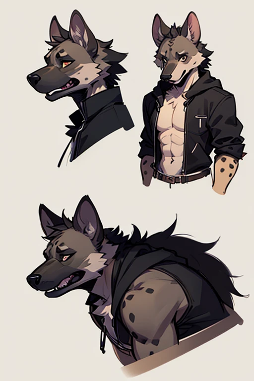 male, hyena, cute, anthropomorphic, grey and black palette, white background, reference sheet, high quality