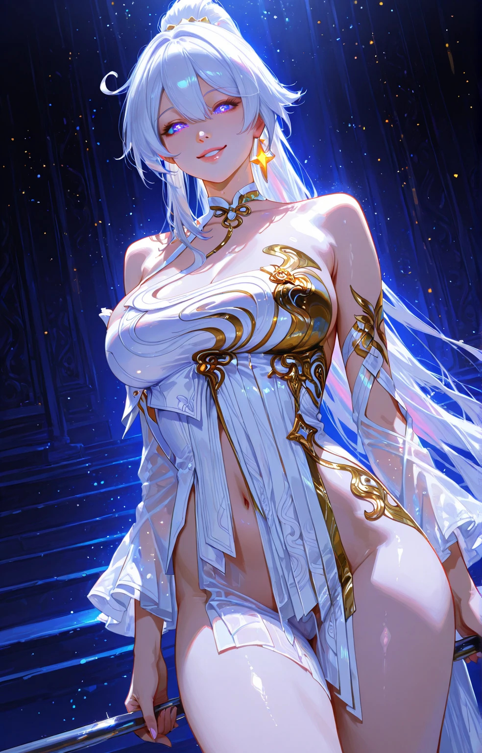 Works of masters,Best image quality,超高分辨率,Open the woman,long whitr hair,white colors,A patient expression,vacant eyes,blue colors,exposing her chest,The large,Erotic lingerie,lifting up skirt,Creampie,8K分辨率,Peerless beauty,Hair is depicted in detail,Small nose,exquisite lighting and shadows,The facial features of the golden ratio,k hd,with light glowing,White glowing particle effect,(rich colours),Bare legged,is inserted,Creampie,Obscene lines on the lower abdomen