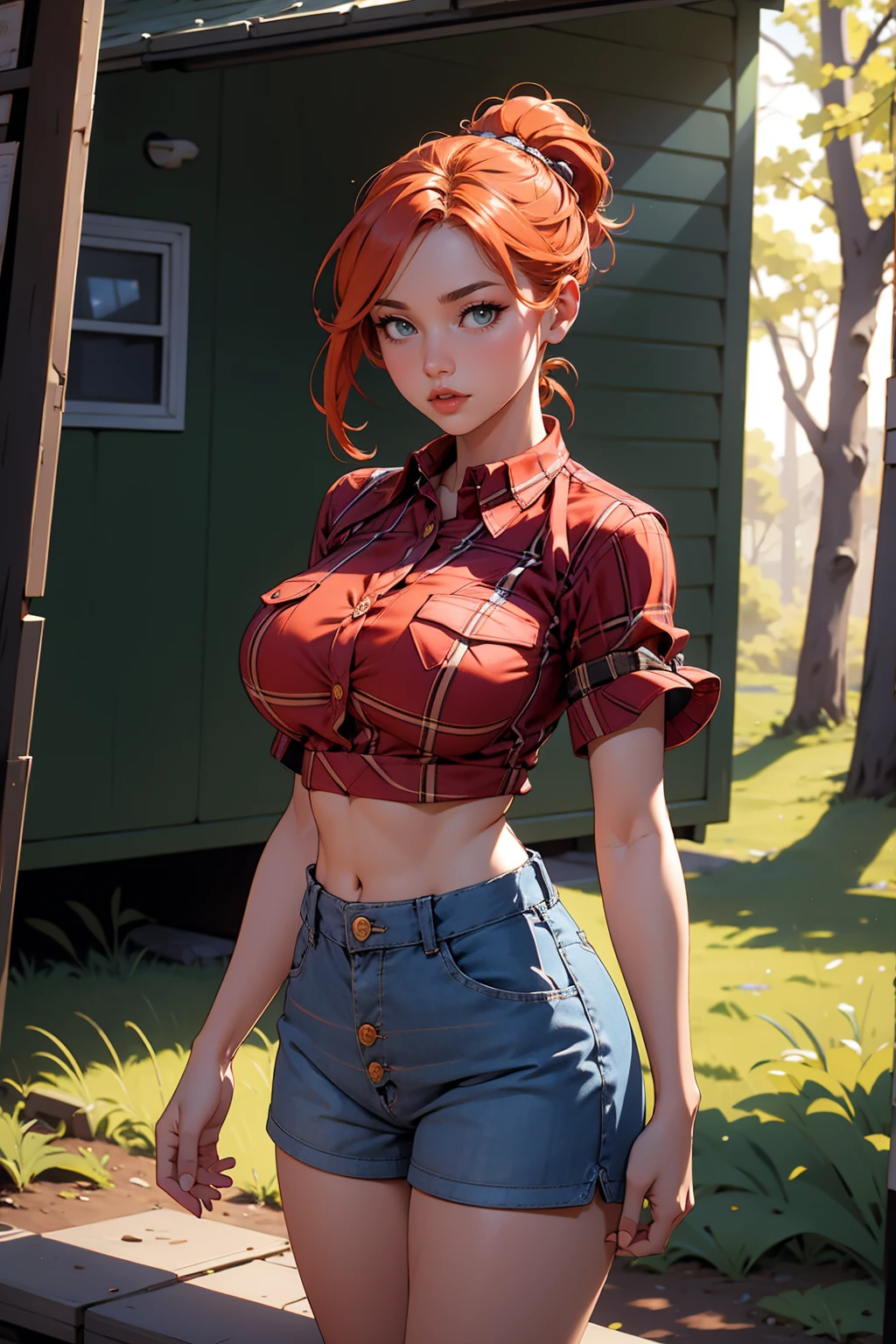 (ultra realistic, highly detailed:1.4), best quality, masterpiece
redhead girl, sitting on a stump, tall, curvy, pear shaped,chubby round belly, bottom heavy,  navy blue leggings, belt, tied up flannel shirt, short hair
((longtorso, ltso):1.1)